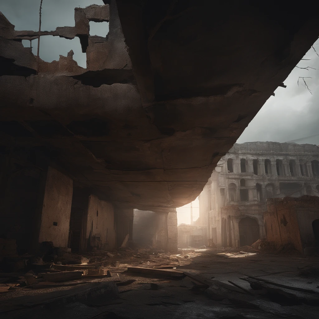 「ruined and devastated city」on the theme of、Dark gray and dull red、The secondary color is light yellow and iron gray.、The background color is the wreckage of the city floating in the dark、The style is post-apocalyptic、Broken building in shape、Rusty vehicles、Includes chaotic debris、Texture is rust、Cracked concrete、Dirty glass、Line cracks in broken buildings、It is characterized by a glow that emerges in the dark.、The form expresses the image of the ruins of a ruined city radiating an eerie beauty