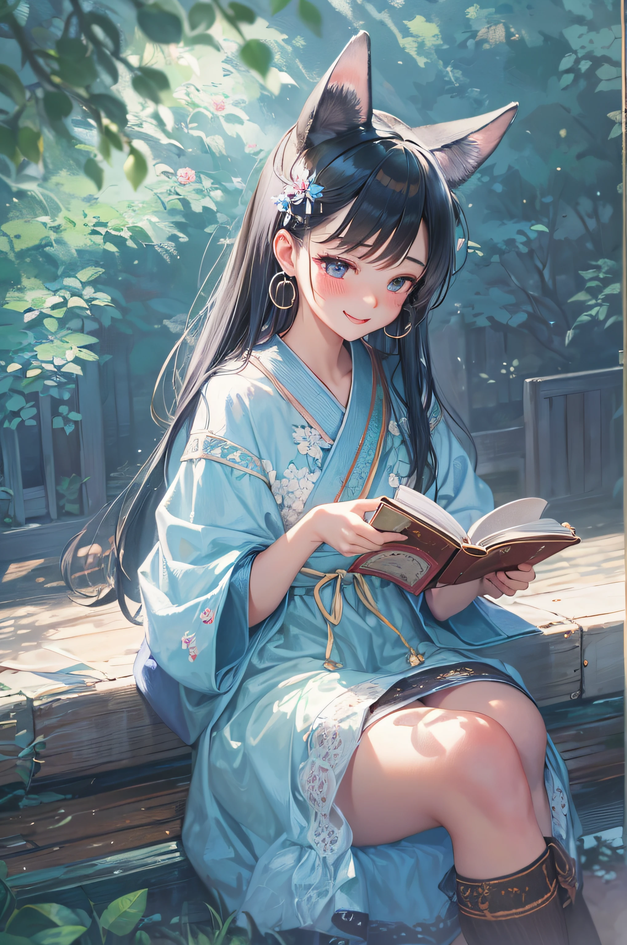 black hair, hair bobbles, wince, longeyelashes, solid circle eyes, fake animal ears, light smile, ear blush, fang, Surrealism, drop shadow, anaglyph, stereogram, tachi-e, pov, atmospheric perspective, Monet, Monet, 8k, super detail, ccurate, best quality, highres, Ccurate in a small, quiet park，A young woman is sitting on a bench reading a book。She wore a light blue dress，Long hair casually draped over the shoulders。The sun shines on her through the gaps between the leaves，Make her look more beautiful and moving。