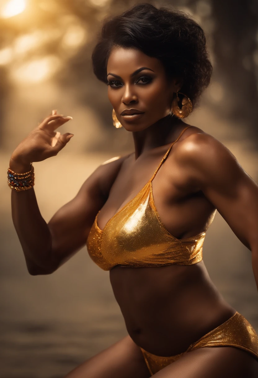 dancer, dark skin, golden exotic Bikini, wet oily skin, shiny skin, sweatdrop, black hair, dynamic pose, alluring face, large breasts, extreem muscular body, cute face , 60 yo woman