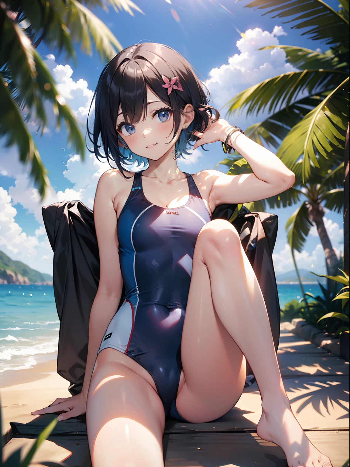 The ultra -The high-definition、high-level image quality、top-quality、Full limbs、complete fingers、Beautuful Women、1 persons、ssmile、Bink Hair、Frolicking、Bery short hair、hair pin、White School Swimsuit、knee high、Indentation、standingn、Grow legs、Summer Beach、cinematlic lighting、Japan Anime Style