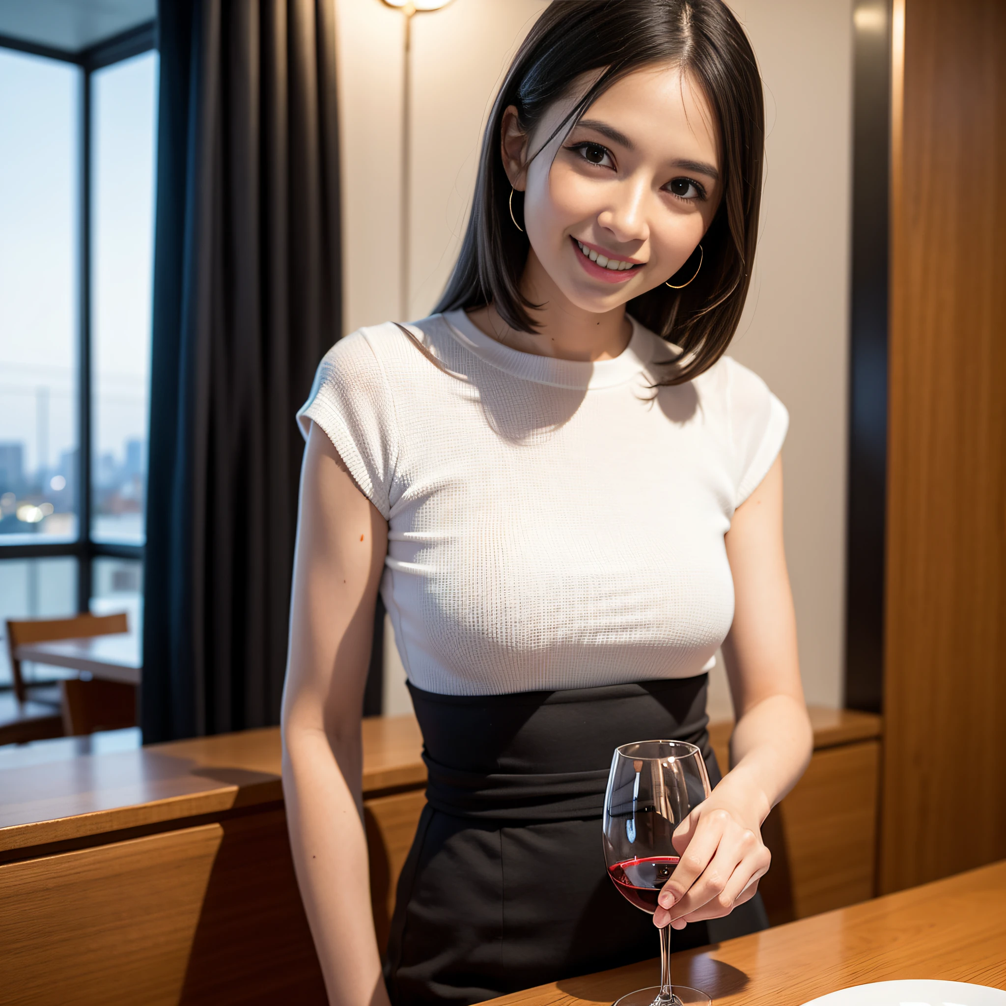 (hair, Ultra-high resolution, highest quality, masterpiece: 1.2), (Realistic, photoRealistic: 1.37), Very detailed, 1 pretty woman, (Slim face), (The body is slim), (Brown Hair), (Shortcuts), cheeks turn a little red, Large Breasts, Age 25, alone, Beautiful night view outside the window, restaurant, Wine glass sits, At night, In a prominent place (From the waist up) Nova Frog Style, actress, model, Upper Body, White wine, slim, wine glass, Super Clean night View, wine glass Put in the Middle, Happy smile, (smile: 1.15), Beautiful Eyes, Upper Body, Destroy Japan, night, short, short, actress, model, Upper Body, White wine, slim, wine glass, Super Clean night View, wine glass Put in the Middle, Happy smile,one piece