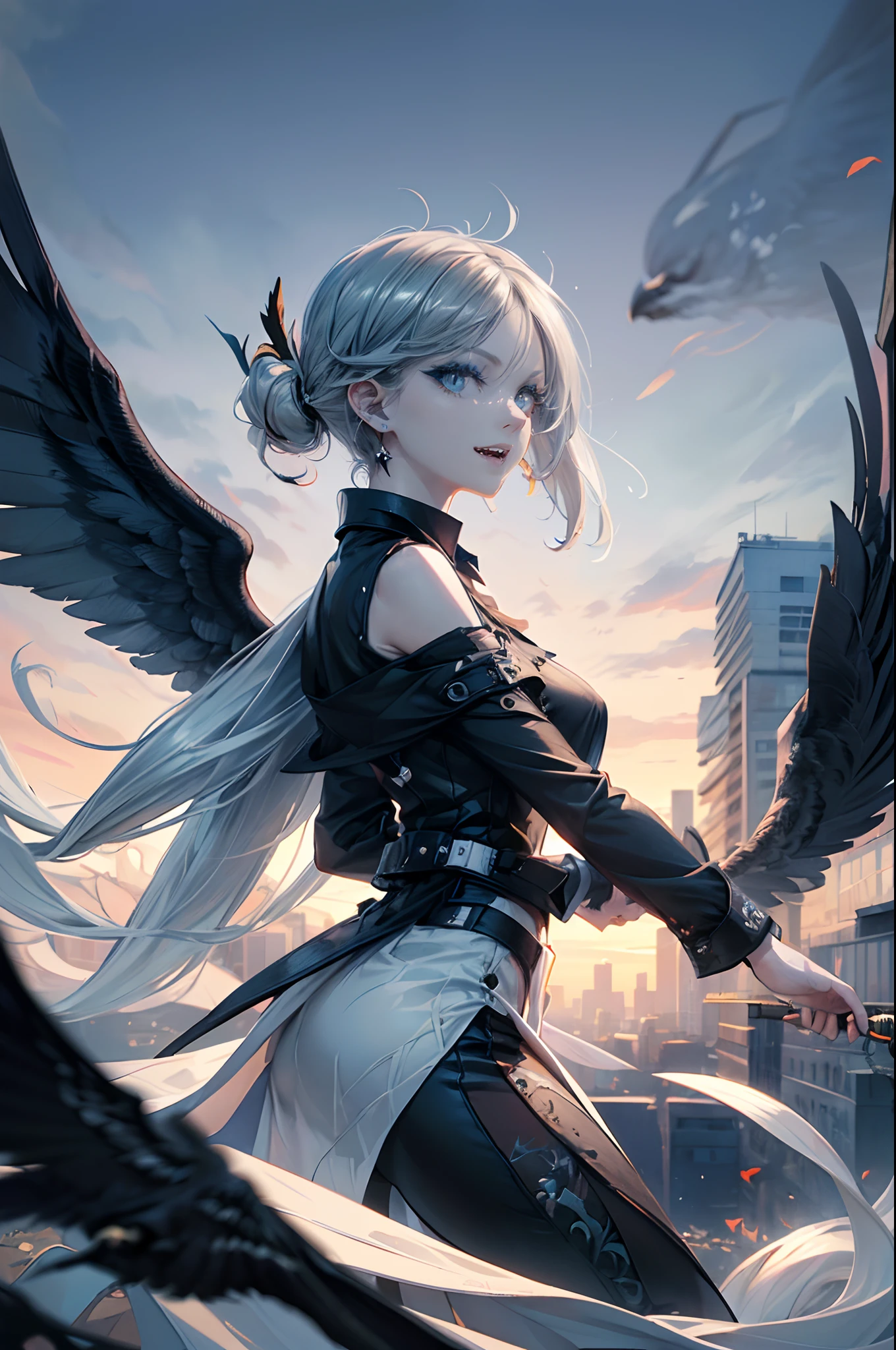 ((4K works))、​masterpiece、（top-quality)、((high-level image quality))、((one beautiful women))、Slim body、((Black Y Shirt Fashion))、(Detailed beautiful eyes)、Crow on fantastic city background、Walking in a crowded city、((Face similar to Chaewon in Ruseraphim))、((shoulder-length hair))、((bright silver hair))、((Smaller face))、((Neutral face))、((Light blue eyes))、((Korean Women))、((18year old))、((Wild Lady))、((Wild look))、((Show your fangs and laugh))、((Korean makeup with black eyeshadow))、((elongated and sharp eyes))、((Shot alone))、((Fallen Angel))、((Fallen Angel Woman))、Photos of fallen angels、Villain、((amazing photo))、Photographed so that the whole body can be seen、horor、((There is a crow on the right shoulder))、Dark Proof、((Shot diagonally from the side))、Professional Photos