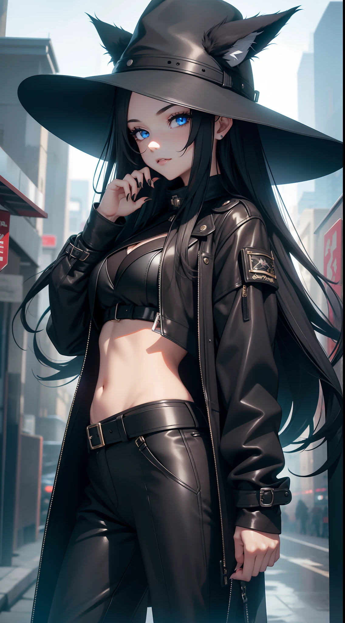 young girl, Long black hair, Fox ears, blue eyes, leather coat, hat, pants, claws, Smoke, Masterpiece, hiquality, 4k, HD, Good detail