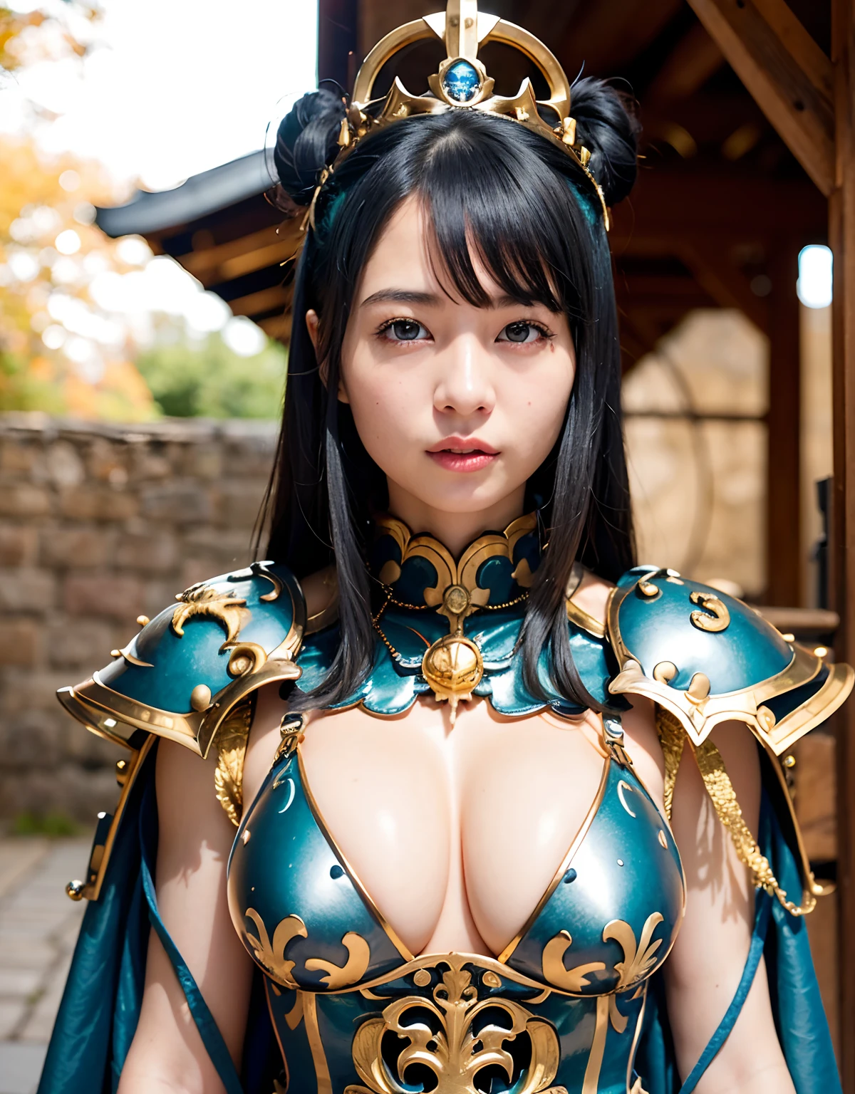 Professional , ​masterpiece、top-quality、photos realistic , 、top-quality、超A high resolution、(Photorealsitic:1.4)、Raw photo、depth of fields （Gemstone Gold Metal Body:1.9),(Matte White、Toostock、cleavage of the breast、（cleavage of the breast）、(((Micro Bikini Armor))),（Detailed Dragon Armor）、（Have the strongest weapon）、（(Random Hairstyles 1.6),Dark Fantasy,）explosions、intense fighting、（Precipitous cliffs),Dragon Gold Weapon,Mystical expression、Particles of light、Fight dragons、（Detailed Dragon Helmet),Gorgeous Silver Weapons ,（（ Dragon's dense and gorgeous sword）） , Beautiful knife   ,warhammer 40k ,Detail and gorgeous crown、（（Blue hair））、（Castle background）、、（（Gangle's forest background））、Beautiful Caucasian beauty、１a person、dynamic ungle,(((With detailed shielding)))、Smaller head、A smile、Castle background、Thin and beautiful female hands、cleavage of the breast、Soldier in iron armor on background、Mystical expression、Light Effects、intense fighting、Wind-effect、magic circles、With the legendary magic wand、（demonic wings）、Toostock、