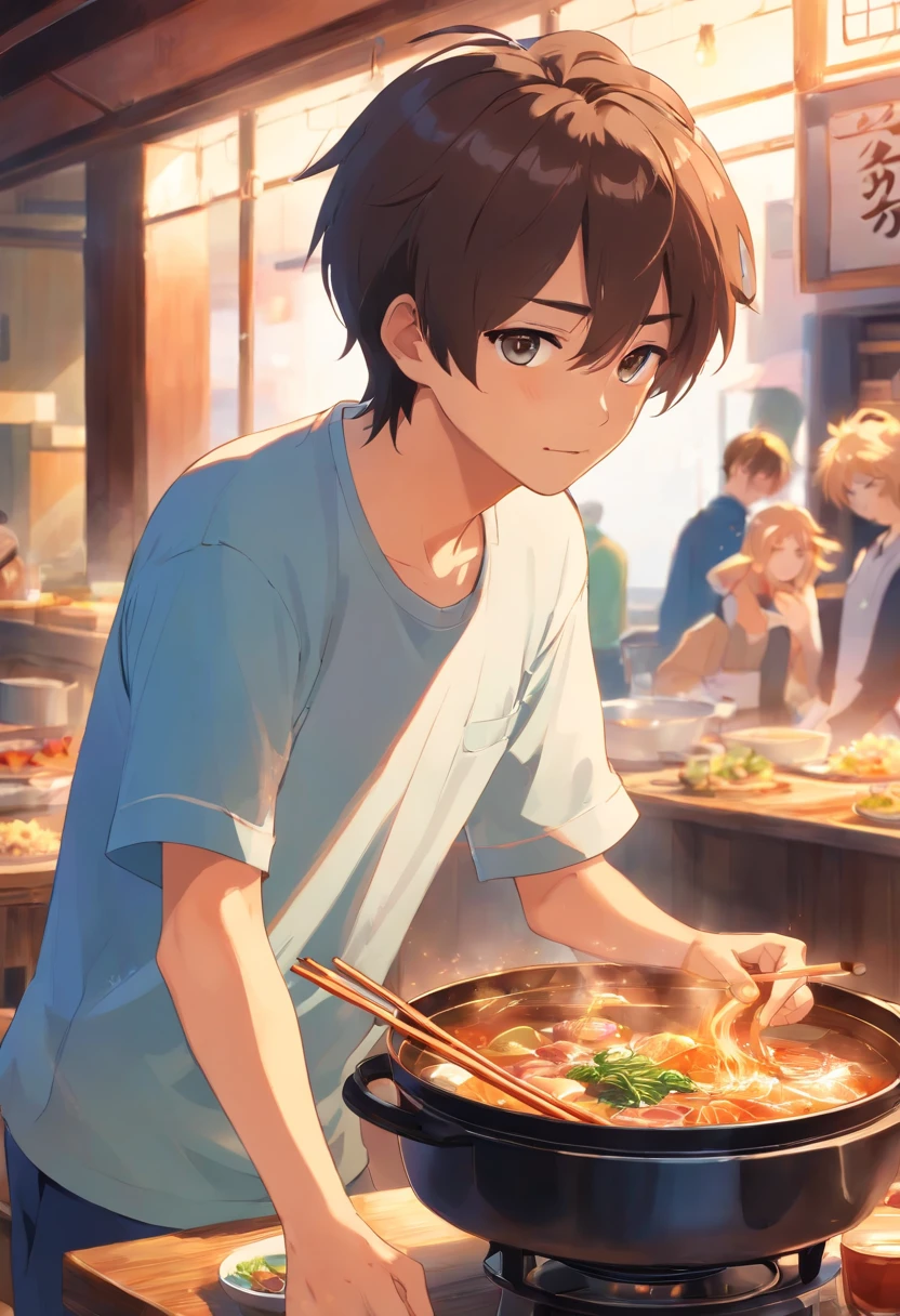 A boy、Chopsticks in hand、Eat hot pot、whitet-shirt:0.8、gleeful、closeup clothes、Look down at the clothes