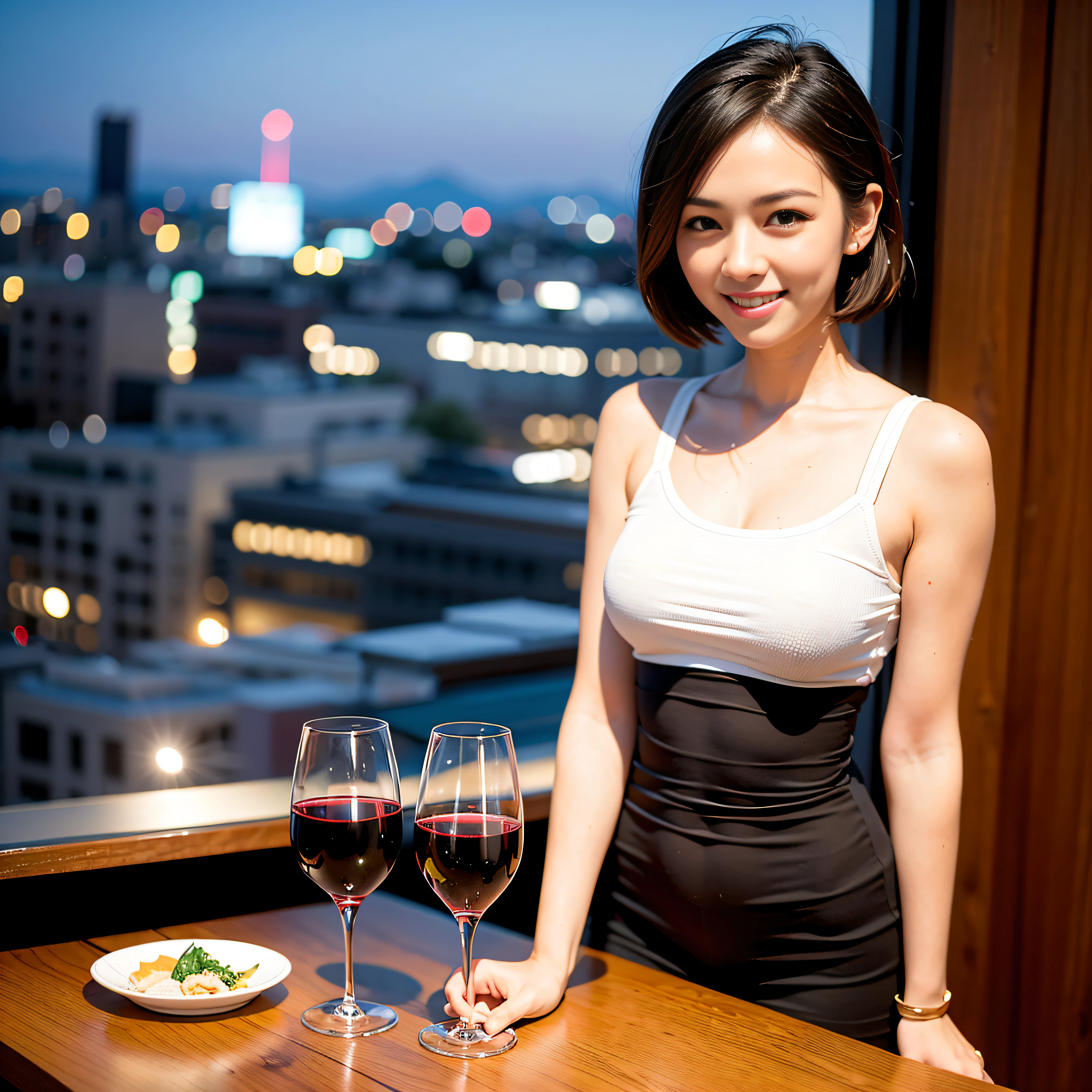 (64K, UHD, top quality, masterpiece: 1.2), (realistic, photorealistic: 1.37), super detailed, pretty woman 1 person, (slim face), (slim body), (brown hair), (short cut), cheeks slightly blushing, (35 years old), 38 years old, solo, beautiful detailed urban night view outside the window, restaurant, wine glasses sit, at night, in a prominent place (from the waist up) NovaFrogStyle, Actress, Model, Waist Up, White Wine, Slim, Wine Glass, Super Clean Night View, Wine Glass Put in the Middle, Happy Smile, (Smile: 1.15), Beautiful Fine Eyes, Upper Body, Bust Japan Up, Night, Short, Short, Actress, Model, Waist Up, White Wine, Slim, Wine Glass, Super Clean Night View, Wine Glass Put in the Middle, Happy Smile,