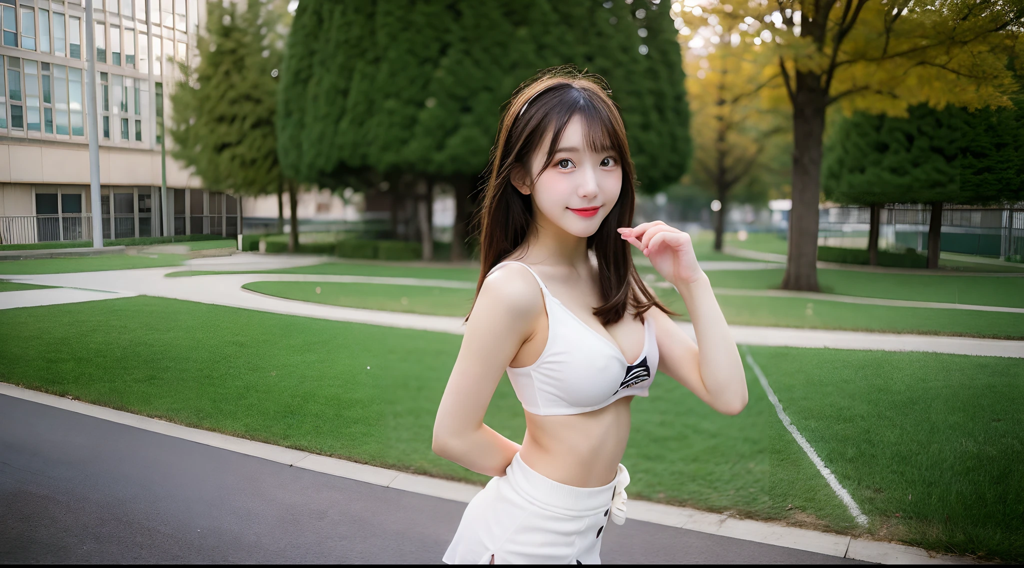 18-year-old cheergirl in a miniskirt outdoors(E Cup Breast)