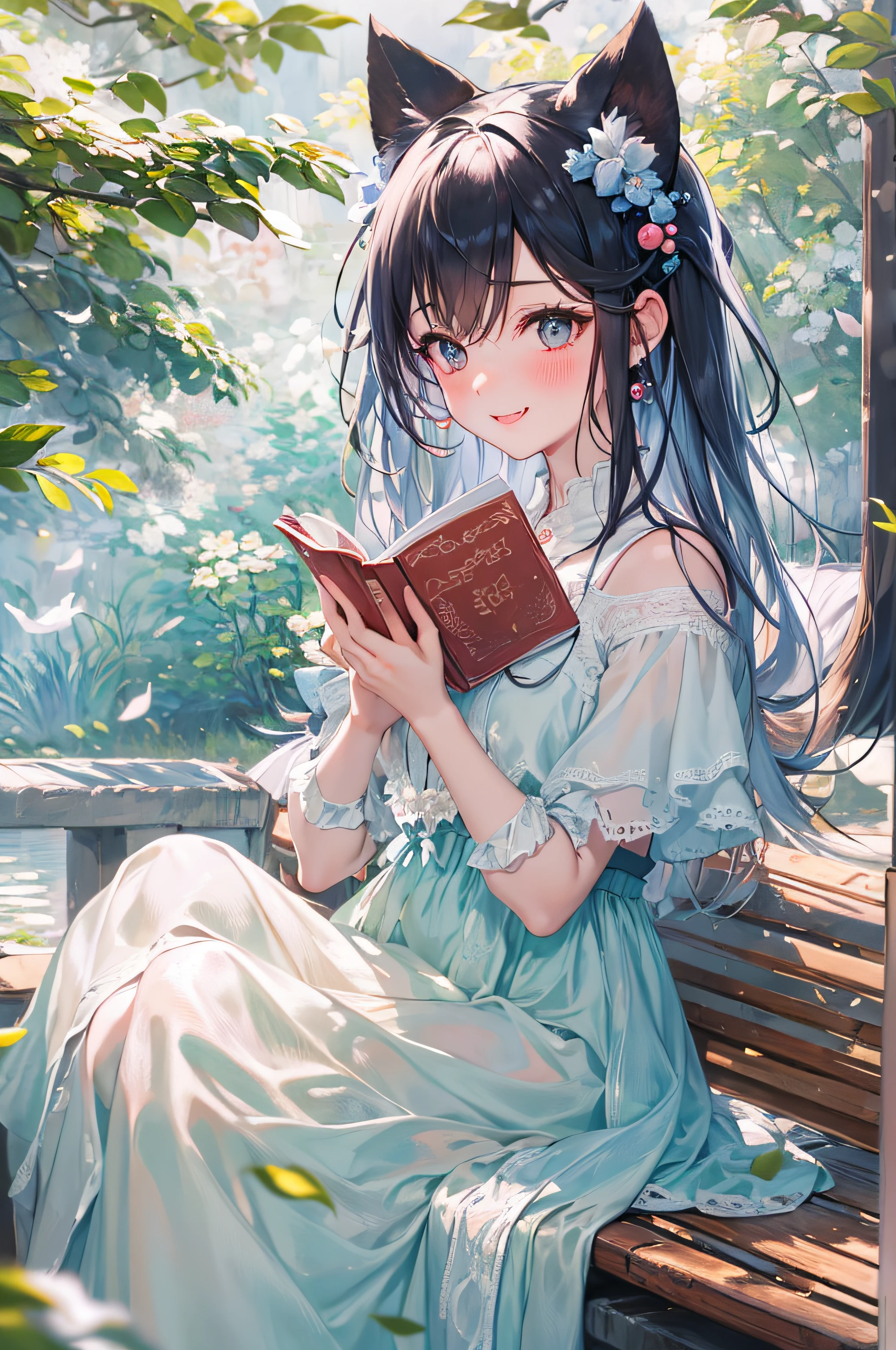 Girl reading a book by the lake, bright colors, spring, willow branches, comfort, warm sunlight