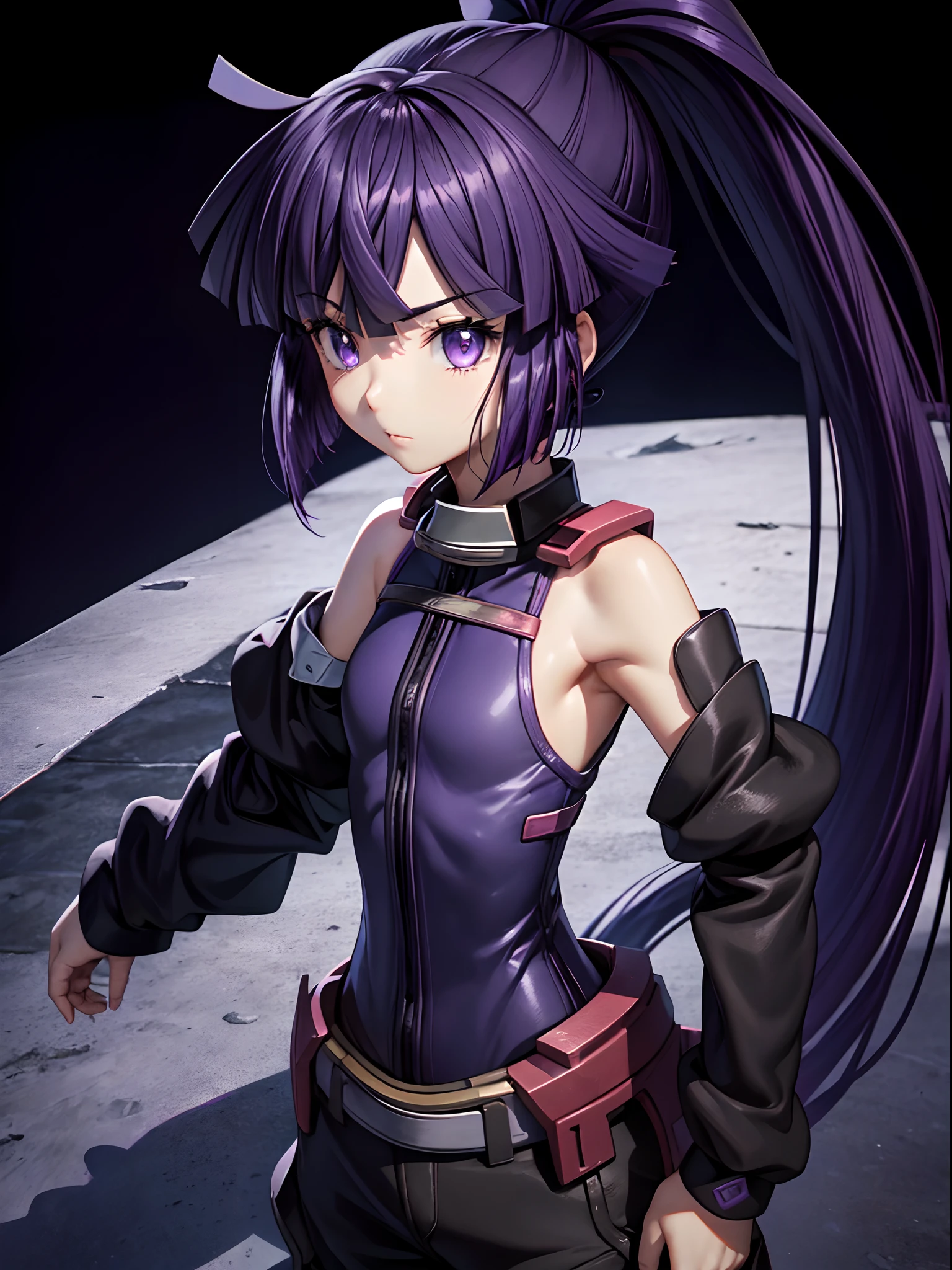 Ultra-detailed, hight resolution, Extremely detailed,Beautiful detailed girl,top-quality, [３D image:1.15]、[8k picture:1.15]、Akatsuki、Three-dimensional feeling、(Purple hair close to black on black background、Shining eyes、Beautiful eyes of the city shining in seven colors), Bundle Ponytail、 [[Log Horizon:1.10]], Cute,Anime Girl, Akatsuki, Bow, ​masterpiece, top-quality, Hi-Res,Black-purple hair, Ninja pants、Little Girl、kawaii, Purple bangs, Blue eyes, Hair Bow, Long ponytail hair, purple color  hair,extremely details CG, (Perfect hands, Perfect Anatomy)