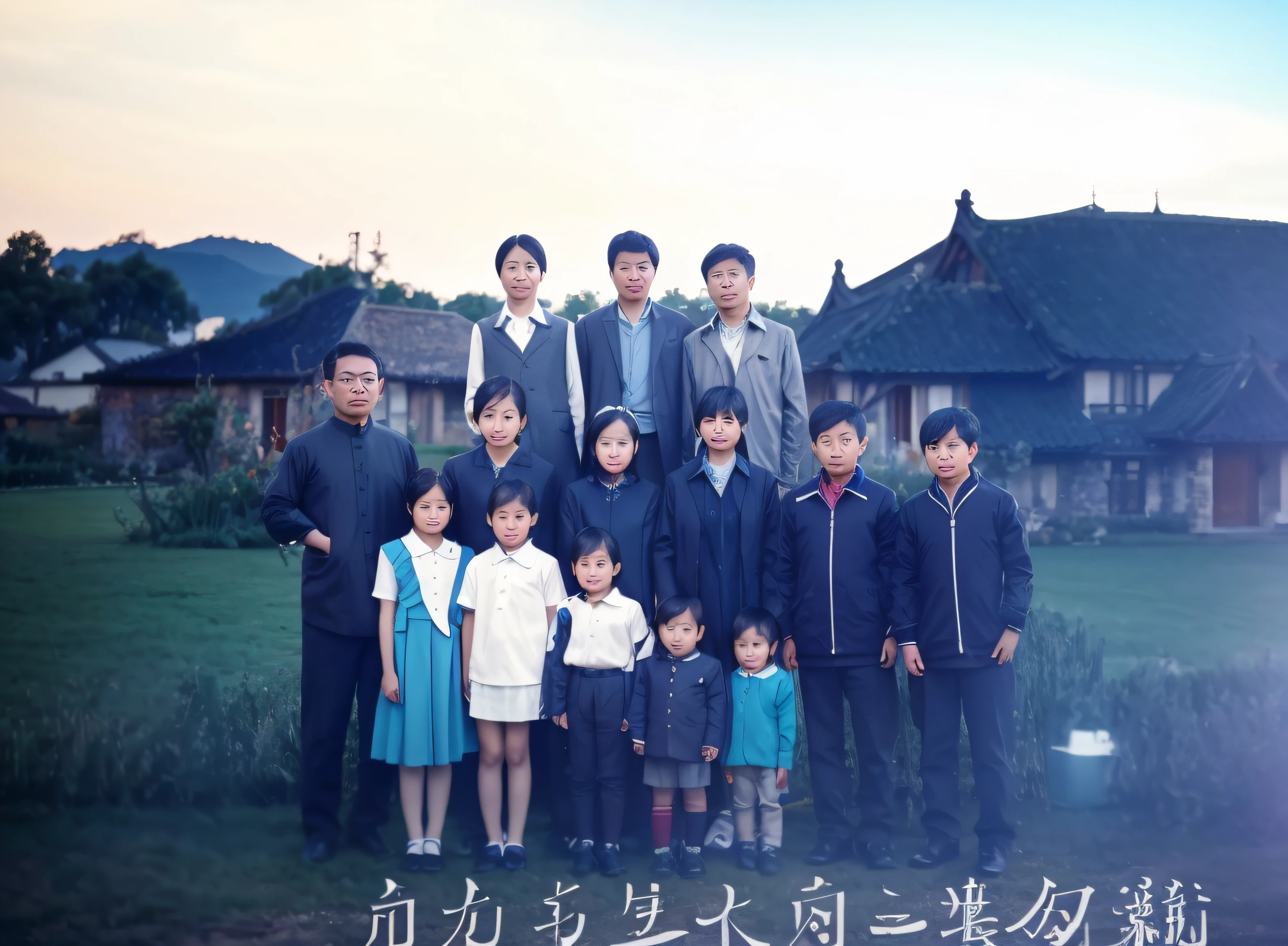 A group photo of a large Chinese family,Good facial features,Symmetrical facial features,Eye symmetry,The nose is the right size,The mouth fits,The ears are symmetrical and clear,Ultra-clear and realistic facial features,Clear hair,The texture of the clothes is clear,Ultra-clear texture,Shoe washing,Camera shooting effect,Light and shadow are natural,Symmetrical clothes,The collar is symmetrical and coordinated,Ultra-clear realistic 8K,Very detailed eyes and face,Ultra detail, High definition, Very detailed, Background rural fields,Old house in the countryside,There are trees,There are mountains,There are clouds,blue-sky,Best quality, Masterpiece, , Realistis, Real, Clear fingers,no extra finger,8K wallpaper,Background details for foreground objects (Masterpiece: 1.2) (Photorealistic: 1.2) (Bokeh: 1.2) (Best quality) (Color grading) (Detailed skin: 1.3) (complex) (8K) (hdr) (Movie lighting: 1.3) (Sharp focus), Glossy glossy skin, Front-facing Ultra HD, Digital SLR, Soft lighting, High quality, film gram, Fujifilm XT3 skin texture, filmgrain, Close up, 超高分辨率,