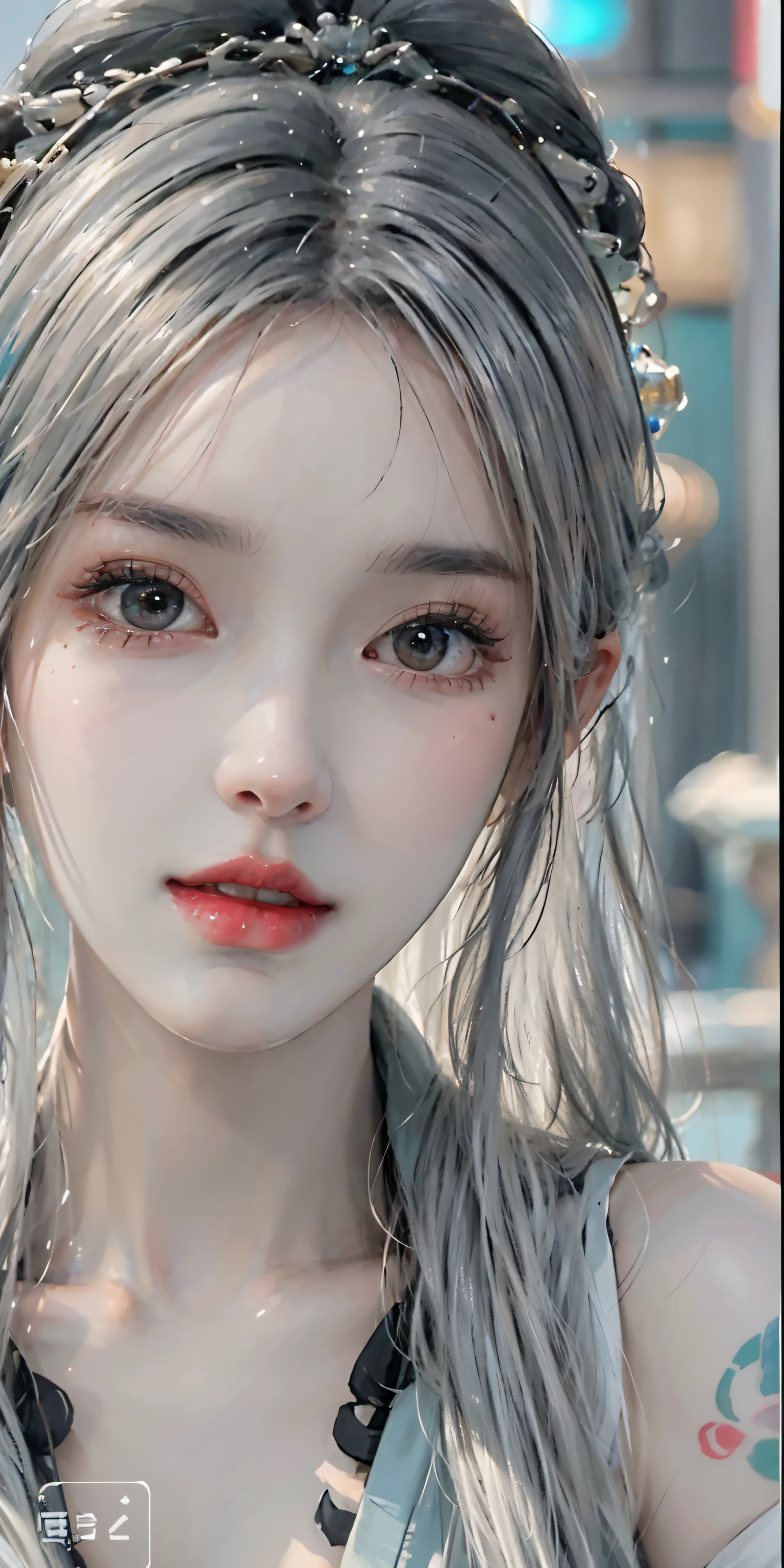 Photorealistic, high resolution, Soft light,1womanl, Solo, Hips up, (Detailed face), Silver hair, wie z_swarm, Colorful Hanfu tattoos, jewelry,((full bodyesbian))