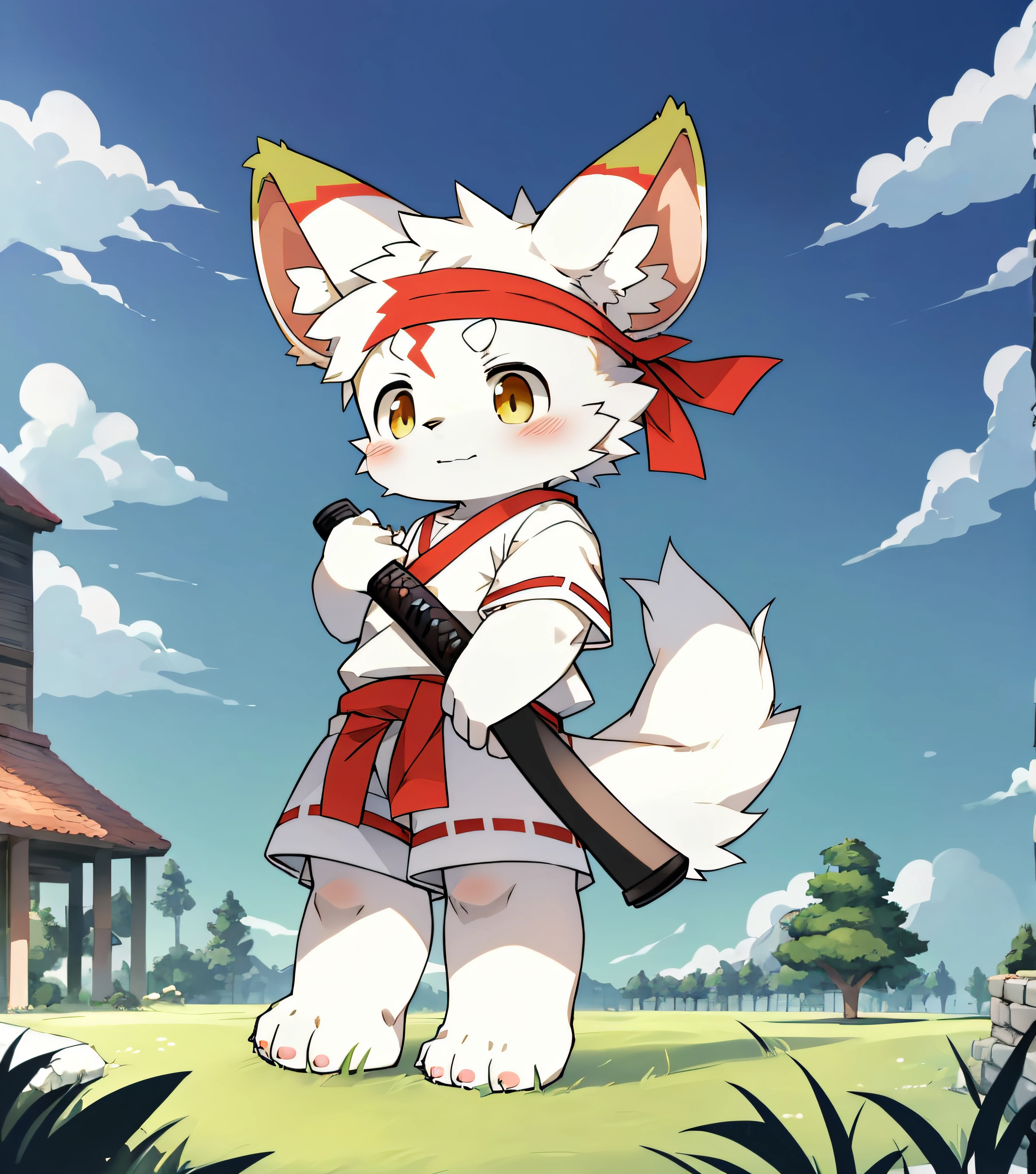 White fur,White fur,White skin,Beast too,Orc little boy,grassy fields,lawns,standing on your feet,Attention,blue-sky,shaggy,shaggy,White fur,White fur,White fur,White fur,male people,canid,adolable,adolable,adolable,solo person,White fur,Golden eyes,Thick eyebrows,Fluffy tail,white short sleeve,short white pants,ultra - detailed:1.0,Libido boy,toddlers,toddlers,toddlers,Children,children's,Gamine,Beast too,Beast too,Beast too,adolable,adolable,younge boy(Via Dagasi:1.1),anatomy correct,Barefoot clawed,Barefoot paws,standing on your feet,Attention,bald-headed,bald-headed,balding,balding,White paws,Stand on the lawn,standing in grassy field,Stand on the lawn,red waistband,Red headband,Blood,A child with a katana in his hand,A child with a serious expression,Very shiny white fur