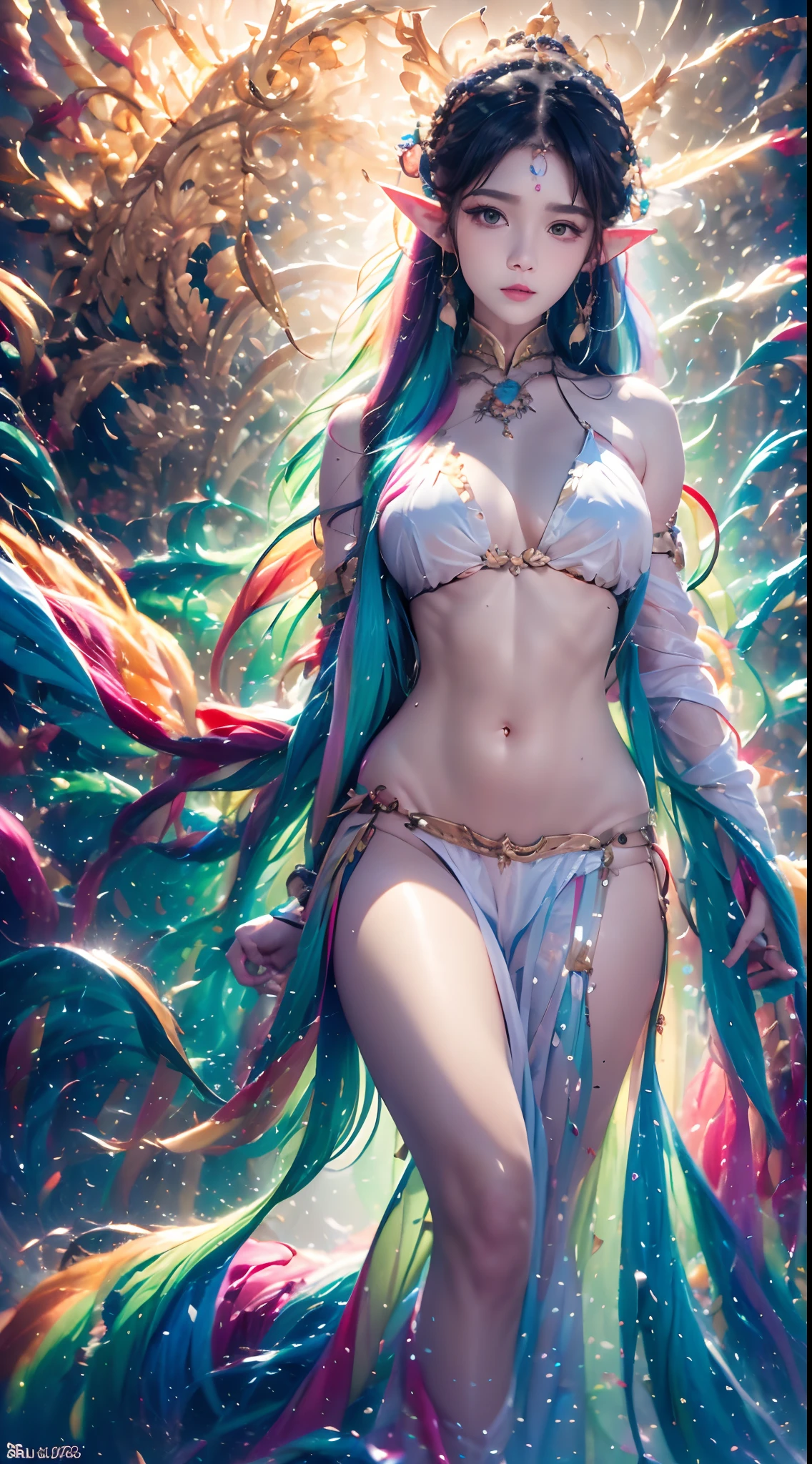 ( Absurd, High quality, Ultra-detailed, Masterpiece, concept-art, smooth, high detail artwork, Hyper-realistic painting , high resolution, paint splatter, colored splashing, Splash of Ink, colored splashing), (( Rainbow hair)),elf, Plum elf, plum , Transparent fairy wings, wearing only his underwear，huge tit，low chest，fairytale-like, Romantic, Vivid, Whole body,hand behind back，Malu，largeeyes，（Eye focus），Cosmic eyes，Space eyes，looking to the camera，In nature with waterfalls，PureErosFace_V1，Urzang-6500-V1 Edition, Edition, Edition.1，