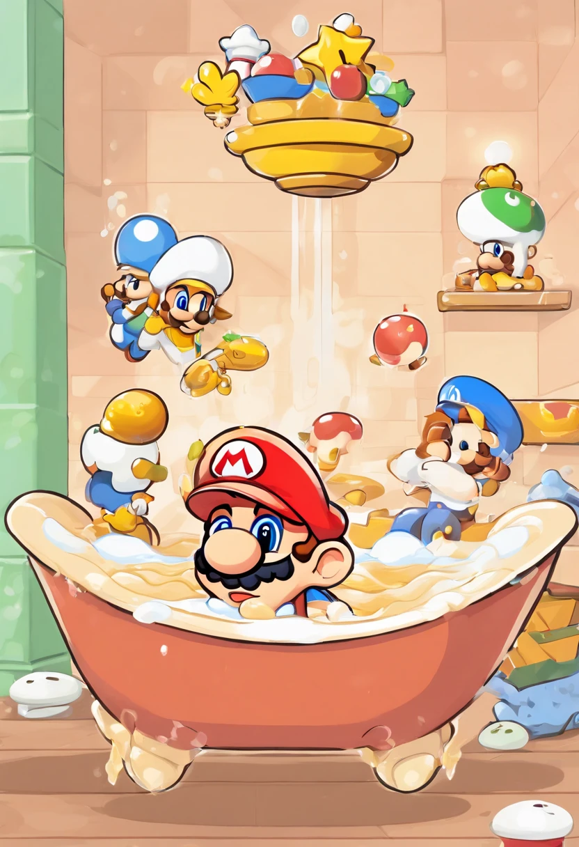 Humans taking a bath in sauce。The bathtub is a freestanding bathtub 。 The color of the sauce is brown