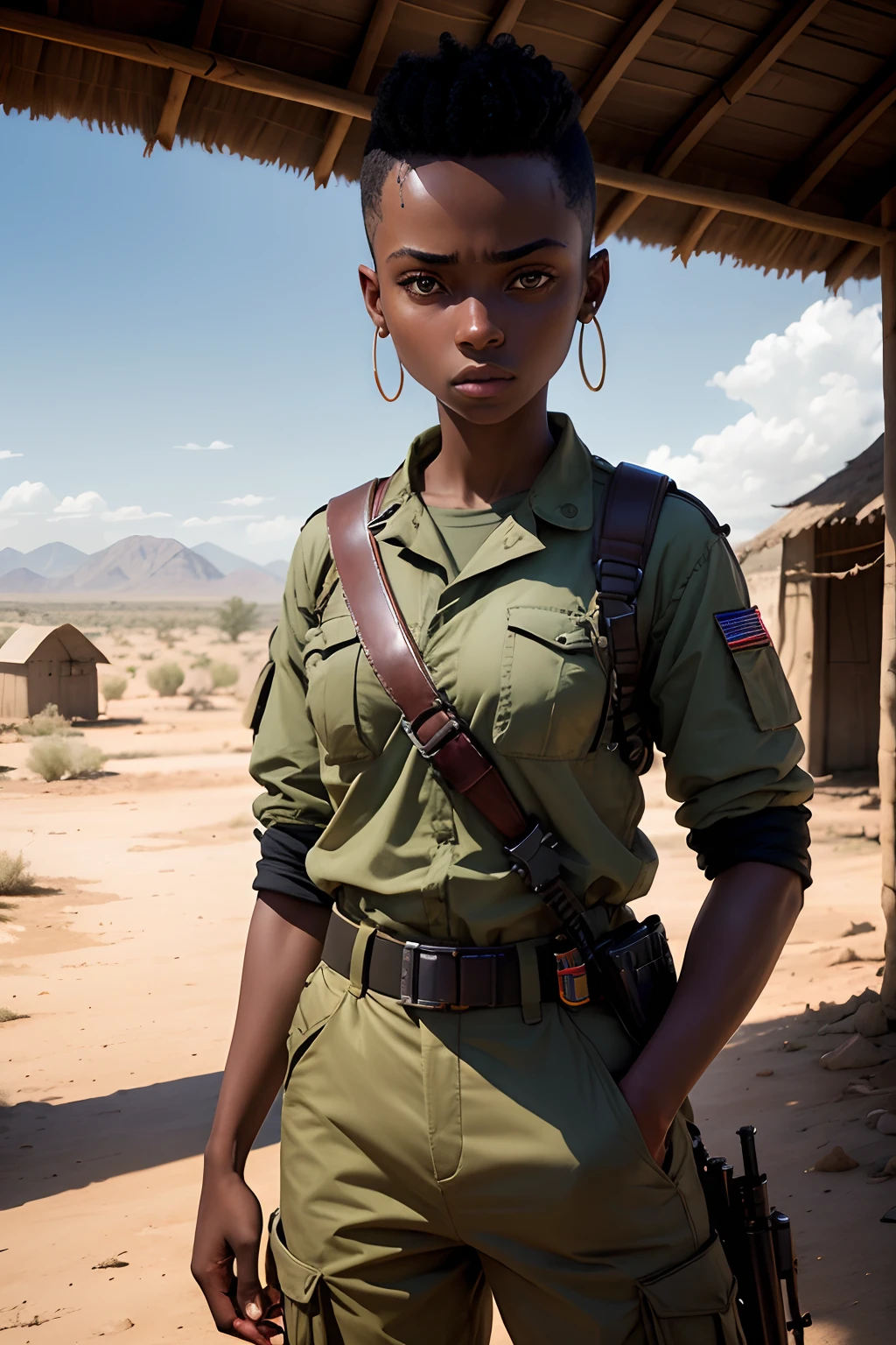 Dramatic lighting, one 18 year old woman, Kiki Layne, head shaved, shiny skin, soldier, multicam trousers, khaki t-shirt, equipment belt with holster, keffiyeh, completely bald, sweaty, dewy skin, vigilant, watchful, hand on hip, African village, mud huts behind, flat desert, bright sunlight