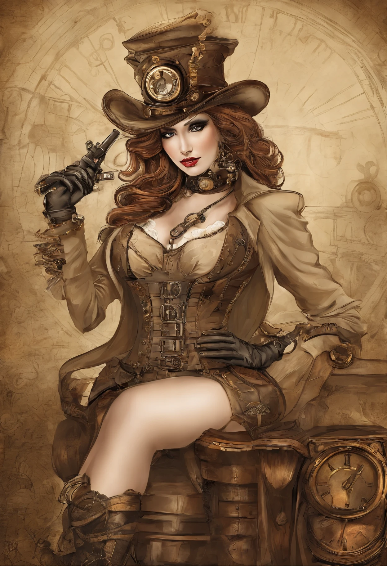 There's a very seductive woman, who wears a steampunk hat and holds a gun in her hand., Steampunk Girl, in seductive steampunk costumes, Steampunk Inventor Girl, (Steampunk), ( Steampunk ), Steampunk-Stil, Steam-Punk, Steampunk-Fiktion, steampunk aesthetic, a beautiful steampunk goddess, Steampunk Beautiful Anime Woman, Steampunk, fantasia Steampunk, Steampunk-Fantasy-Stil, Steampunk-Kunst, Steampunk Digitale Kunst, Steampunk Kleidung