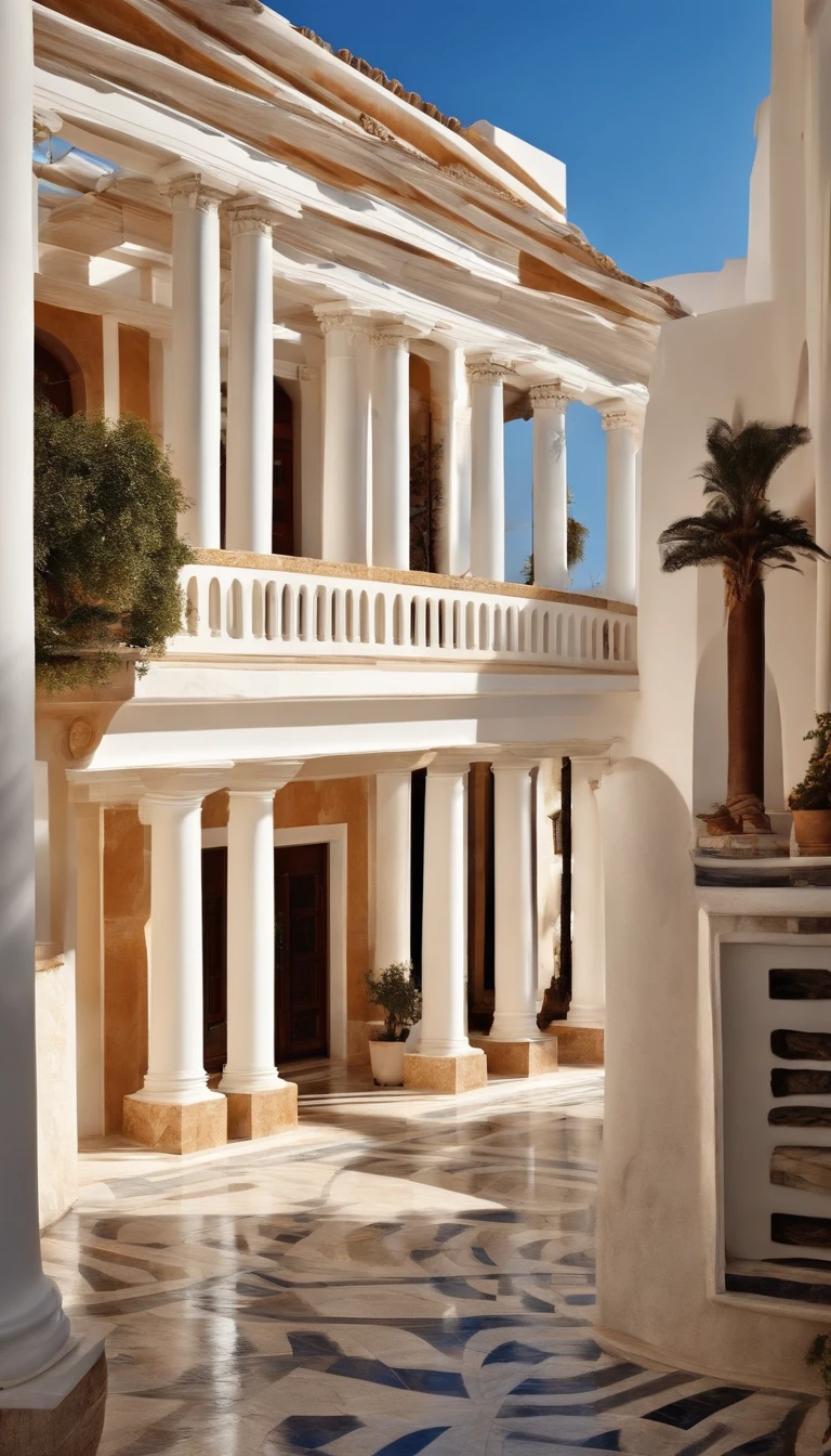 "Modern streets in Greek style、The main colors are white and blue、Warm Mediterranean colors。Modern and elegant style、marbled、glass、Wood texture、Lines containing Greek columns and arches、Forms of modern Greek architecture blending into the city's beautiful landscape