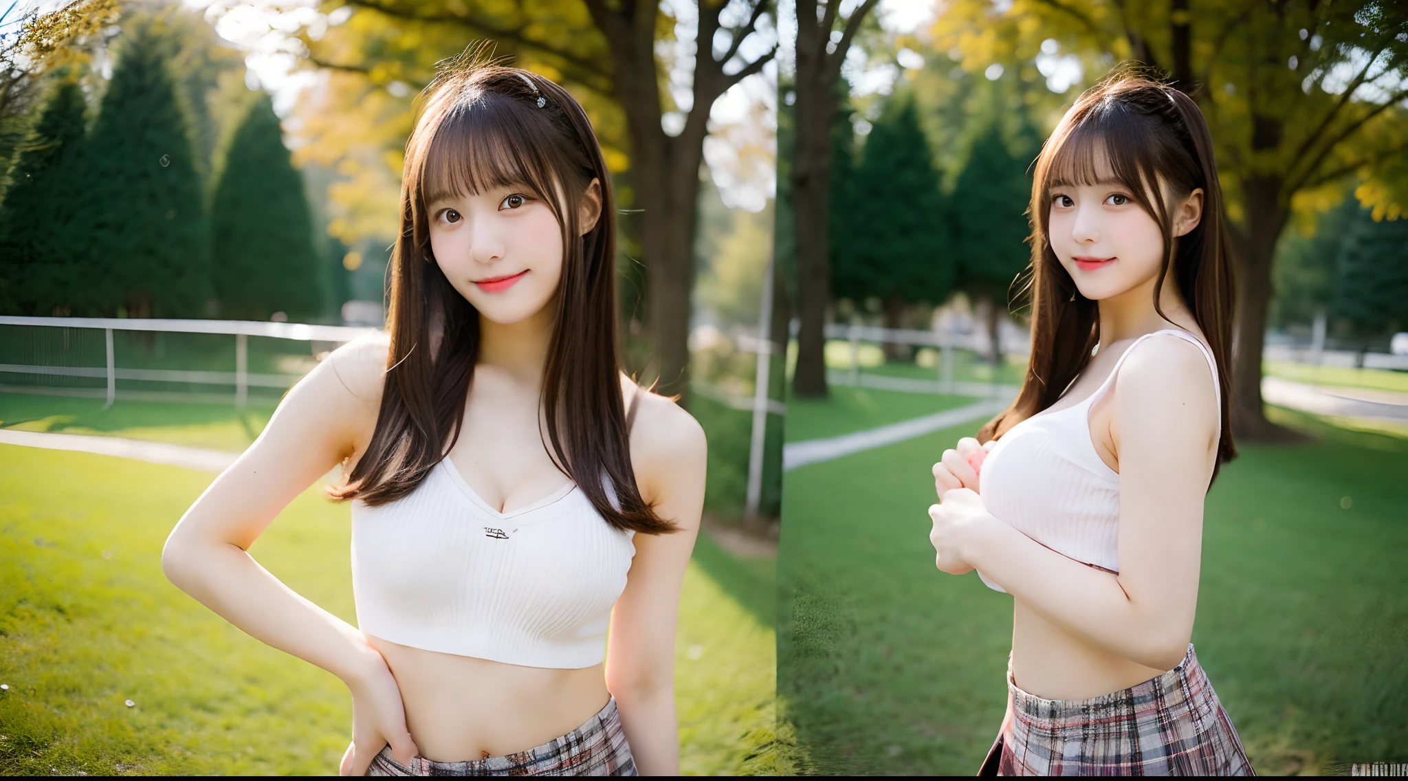 18-year-old cheergirl in a miniskirt outdoors(E Cup Breast)