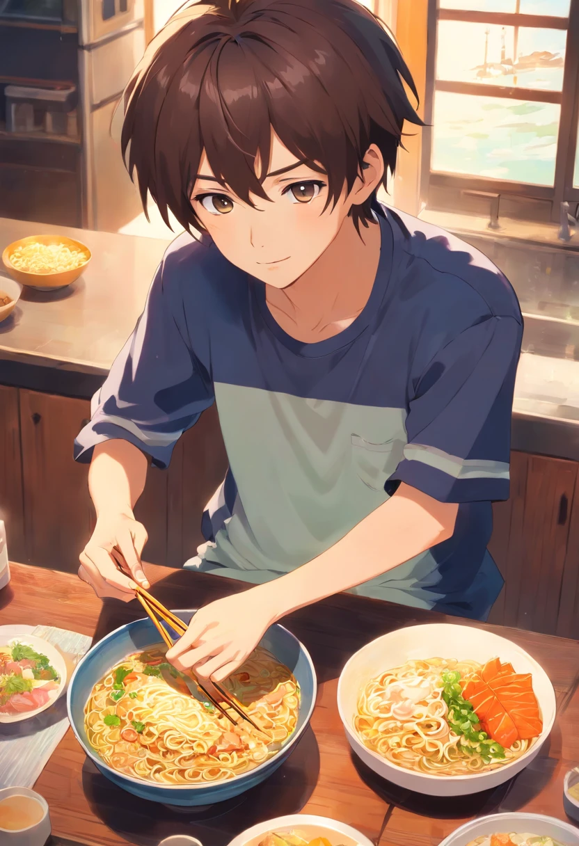 Boy eating at the dining table,,,with his father,,,,,perfect shape,,,good results,,,perfect,,best