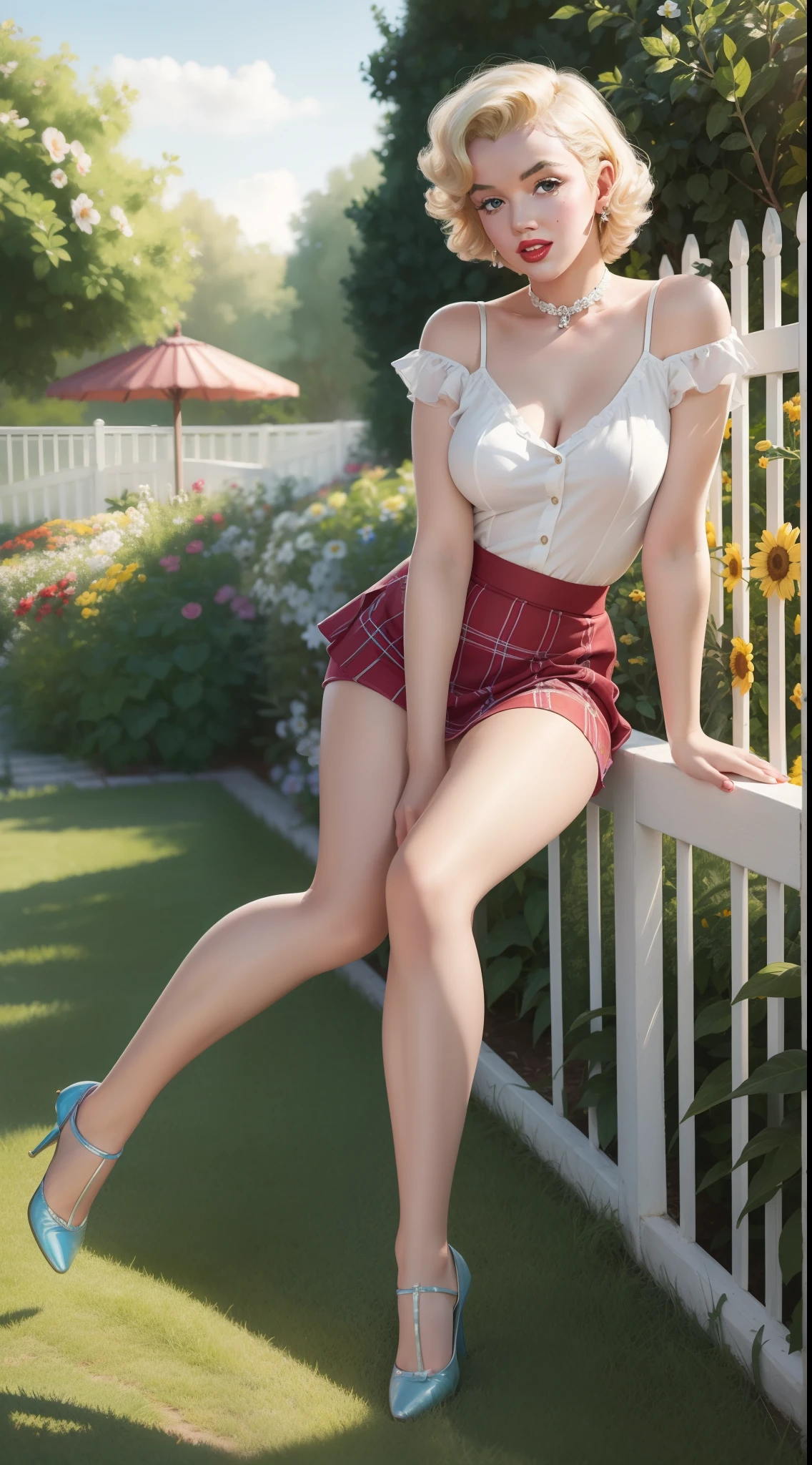 18 years old Marilyn Monroe sitting on the ground sheet, in front of flower fence,  garden, vintage, retro pin up style, sexy, detailed face, detailed hand and legs,, surprised, mini tight skirt, flowing skirt, colorful , Harmony color scheme, hyper realistic, photo realism, masterpieces art work, illustrated,