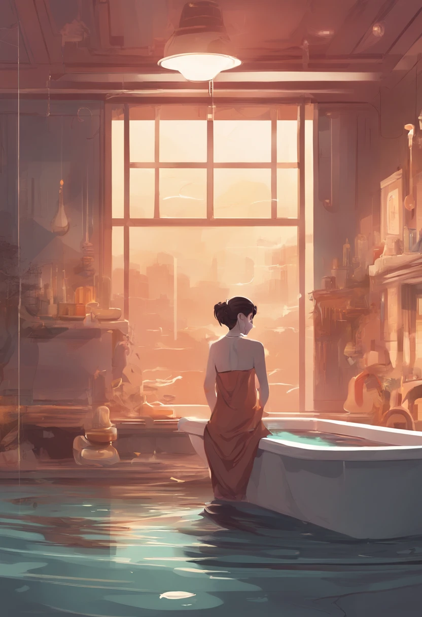 Humans taking a bath in sauce。Stand-alone bathtub。　The color of the sauce is brown
