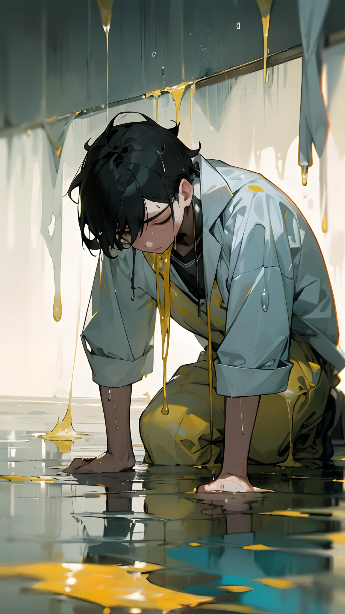 Male, 17 years old、vomiting、Inpatient、Yellow water dripping from the mouth、Clothes are wet with vomit、crawling on floor、Pained look、Yellow puddle