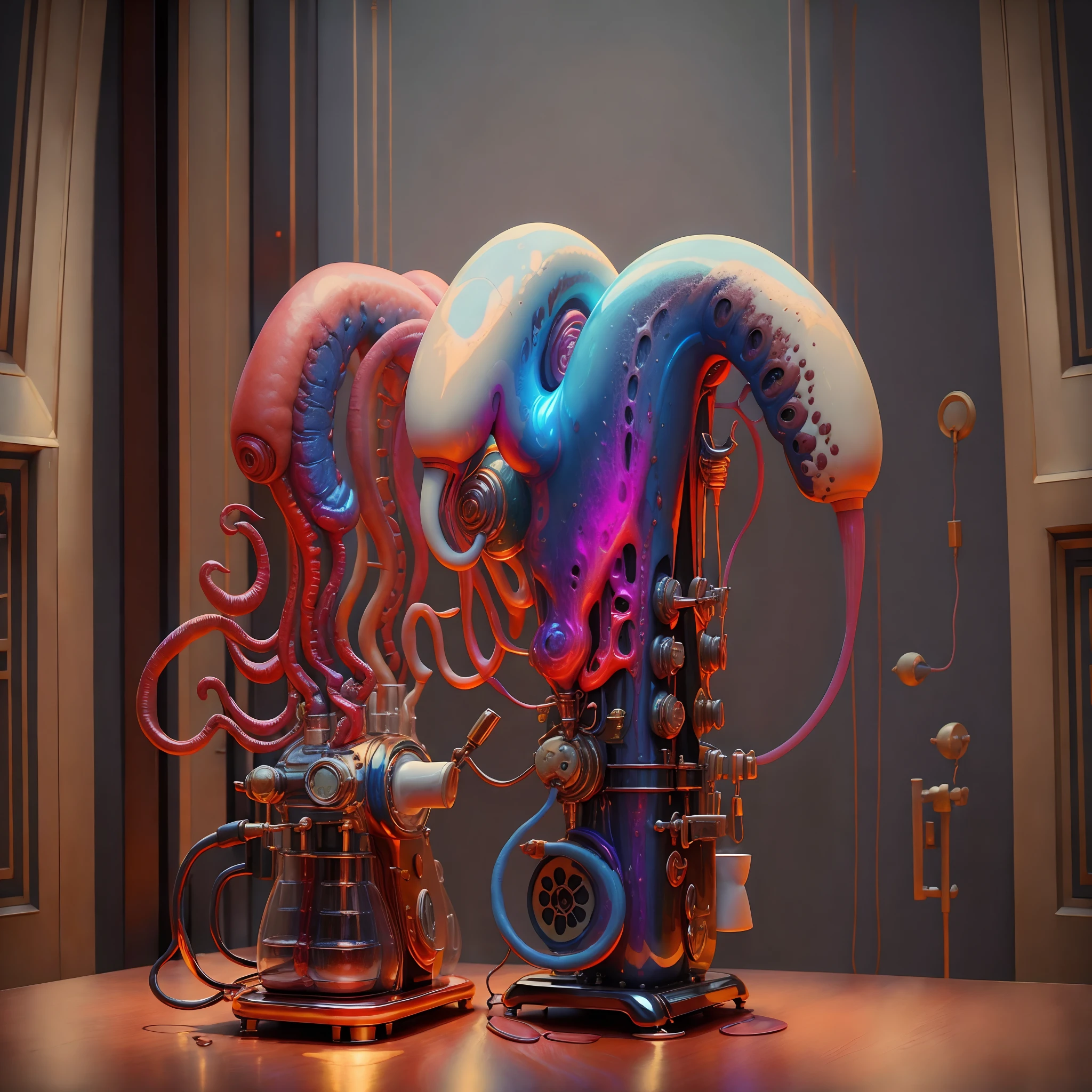 Coffee machine, Pouring coffee (Amazing, impressive lighting, Vibrant colors, trending on artstationh, Detailed background:1.1)