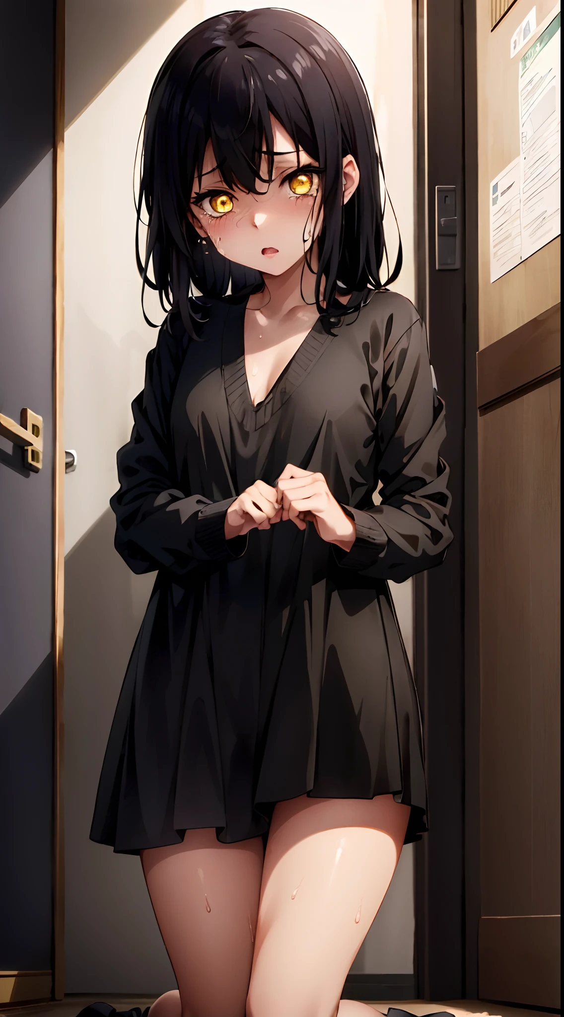 (mieruko:1.3), 1girl, scared, tears, sweat drips, yellow detailed eyes, long black hair, big eyes, (open mouth:0.1), detailed pupils, hdr shadows, elegant clothes,  nsfw