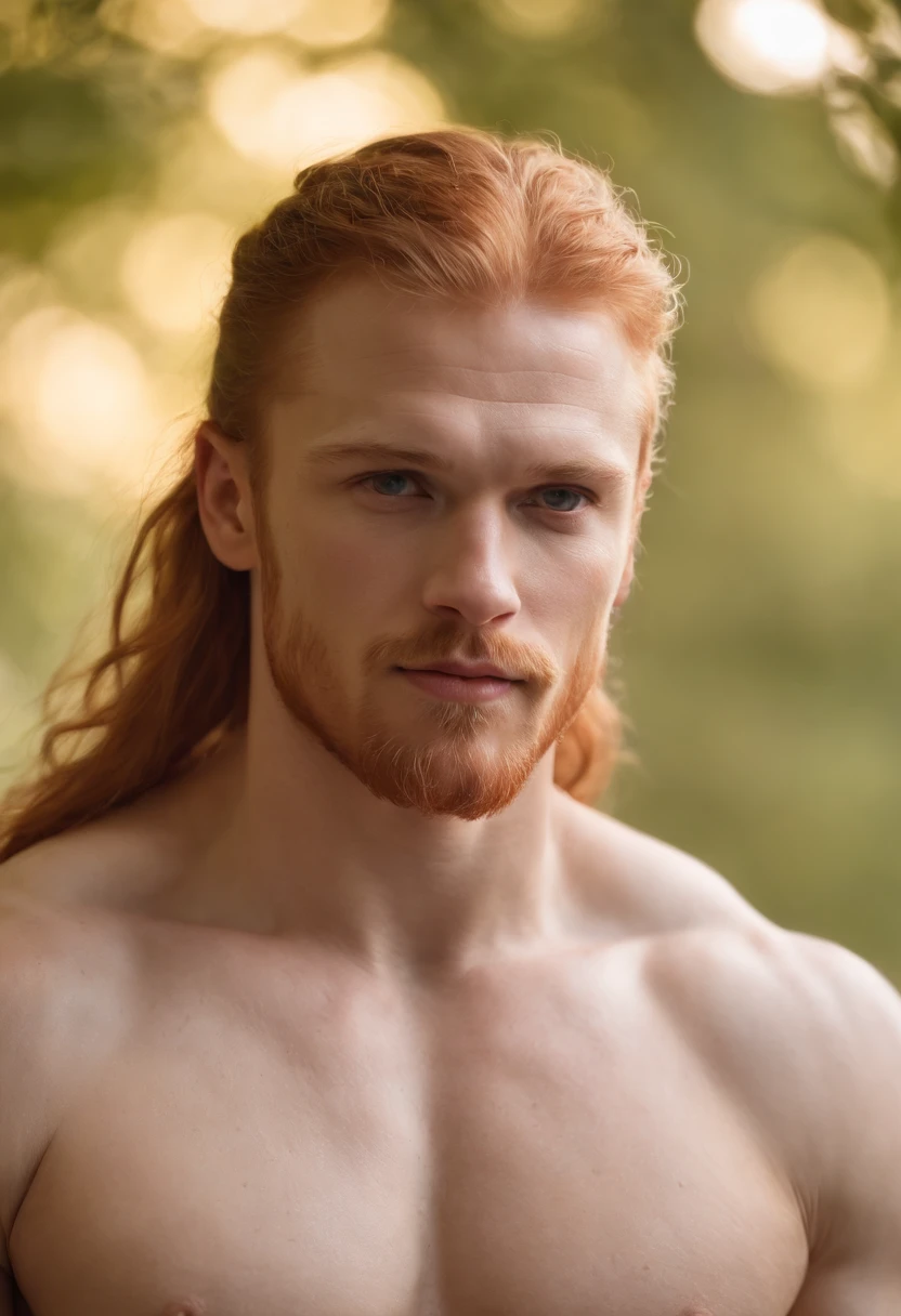 photo of muscular super redhead Viking with large bulge, naked, barechest, warm summer evening, bedroom, dramatic light, very handsome, long hair