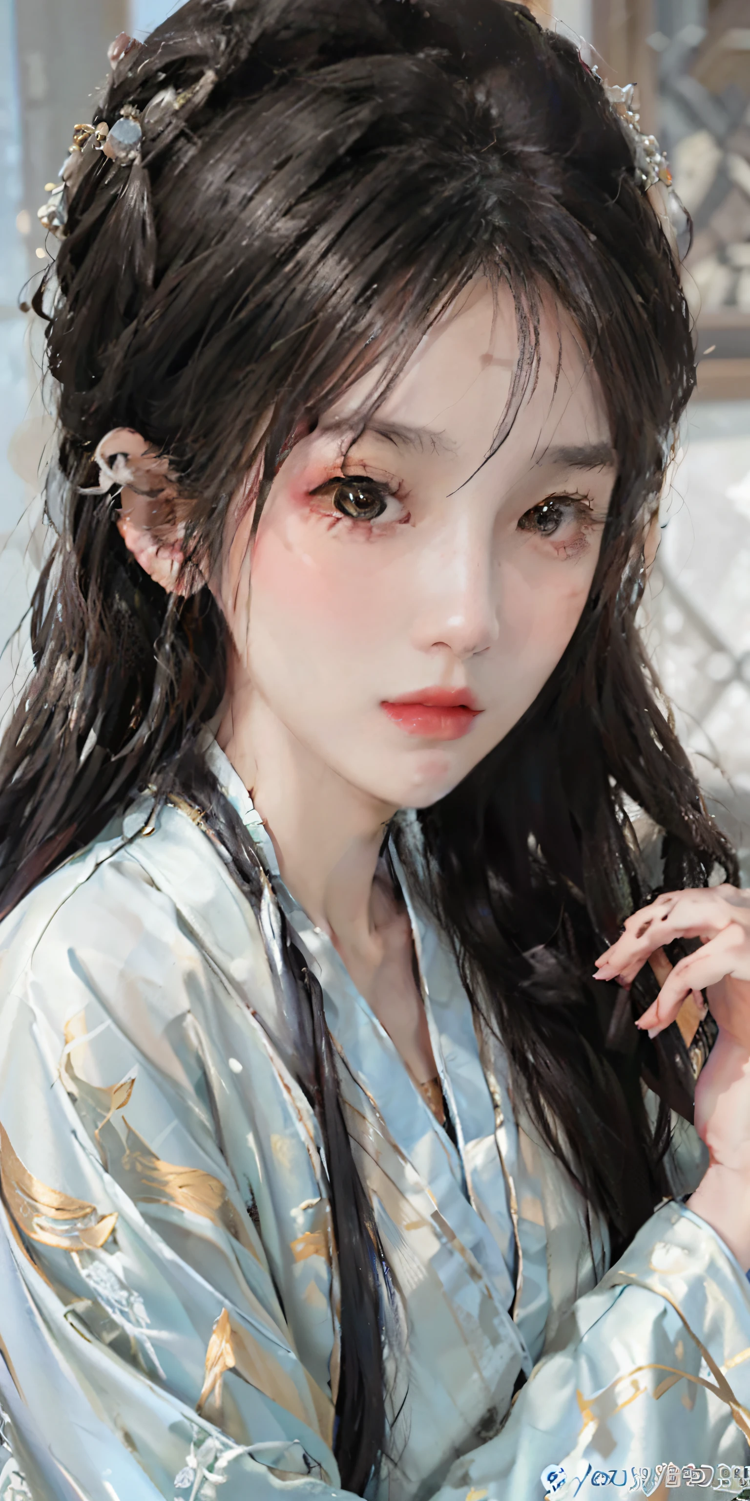 Photorealistic, high resolution, Soft light,1womanl, Solo, Hips up, (Detailed face), Silver hair, wie z_swarm, Colorful Hanfu tattoos, jewelry,((full bodyesbian))