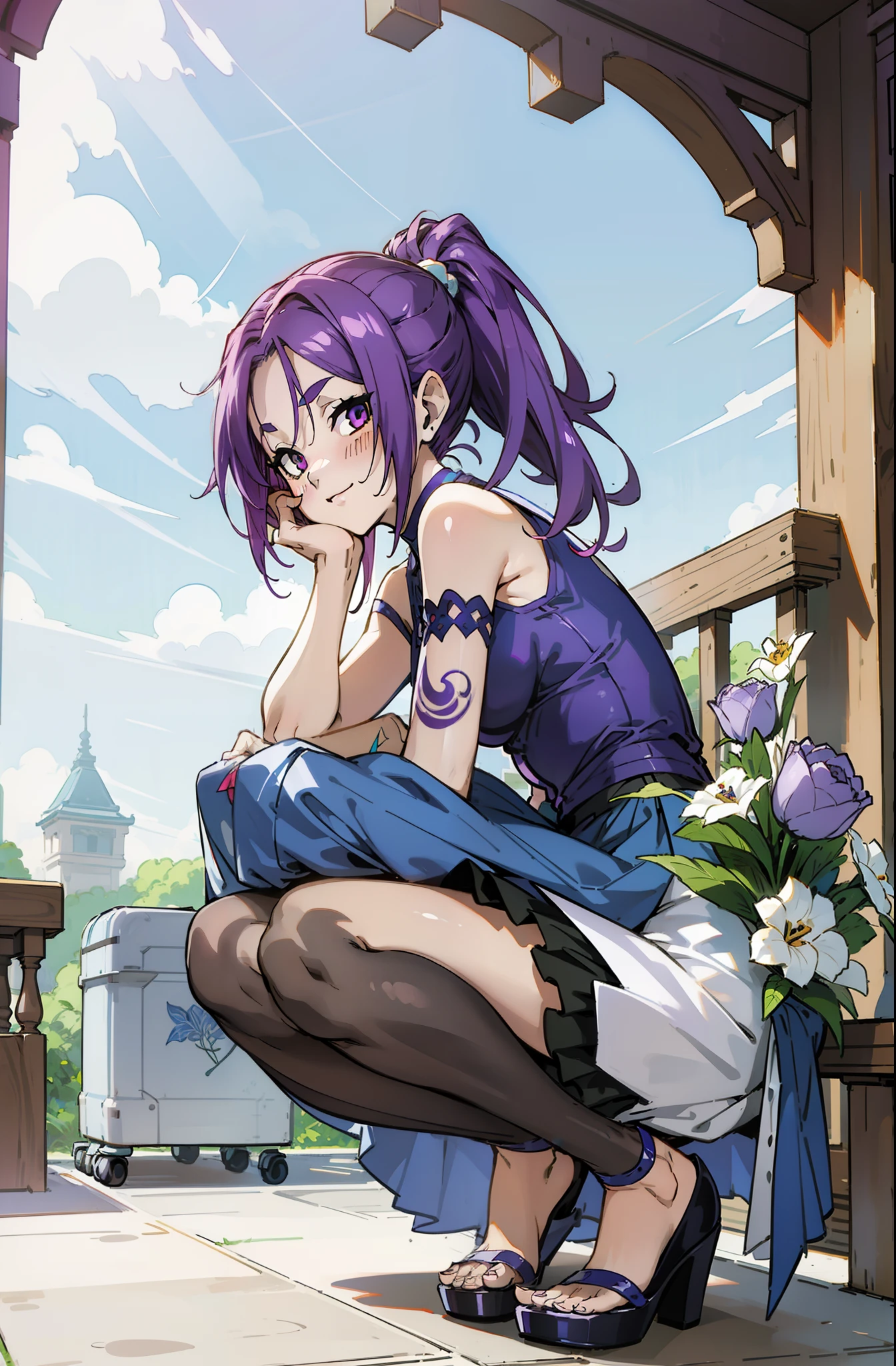 Colorful, Up-close, purple color  hair, Ultra-realistic hair quality, Vibrant colors, Young Girl, ars old l, Beautiful long hair, Shiny hair, detailed hairs, Hair Ribbon, Single-sided up, Reo Mikage, Blue Lock, no sleeves, Sleeveless, open shoulders, Cinderella, camisole and cheongsam, Cinderella with panniers and cheongsam, Cinderella Dress and cheongsam, Lace dress, long dress, white stockings, Chest exposure, Lace underwear, Metamorphosis is exposed, Choker, Black Choker, complete fingers, Five Fingers, Two arms, Two hands, The tattoo, body tattoo, arm tattoos, Blue Rose Tattoo, Tattoo on the wrist, Tattoo on the thigh, Relative area, Sexy breasts, Big breasts, red blush, 1girl in, Solo, Sharp face, Heterochromia, Green eyes, Purple eyes, Bare neck, Happy face, light smile, skirt in dress, pannier in dress, bedroom sitting on the bed, bare foot, sandals, masutepiece, Ultra-detailed, Hyper-detailing, anime, anime style, Best Quality