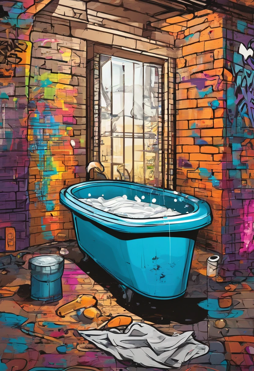 Prompt: Who takes a bath,Separate bathtub,The hot water is thick brown,Putting a towel on your head, The whole picture, hight resolution、highly contrast