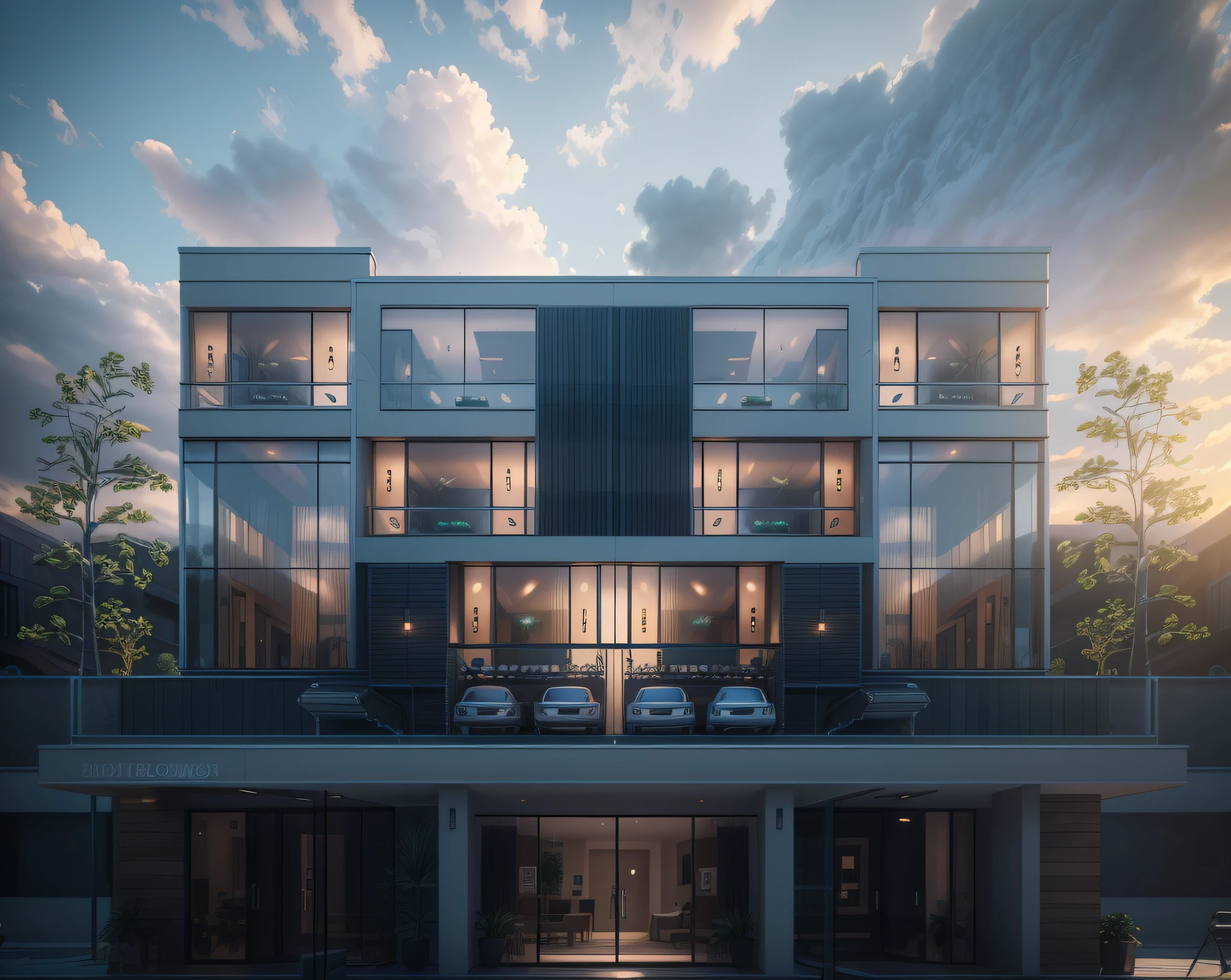 photo realistic, hd high res ultra high quality FRONT view plan modern villa, finished CONCRETE FACADE,sunny day render,large glass windows, wooden door,trees,grass,plantation,plants,mountains forest on the back side of the building, perfect composition, beautiful detailed intricate insanely detailed octane render trending on attestation, 8 k artistic photography, photo realistic concept art, soft natural volumetric cinematic perfect light, chiaroscuro, award - winning photograph, masterpiece, 2d rendering, front view plan, realistic,hyper realistic, intricate details,hd details,128k,(sharp lines)(use vivid multi dark colors)(2d rendering)(add forest mountains back side of the building)(sunny day render)