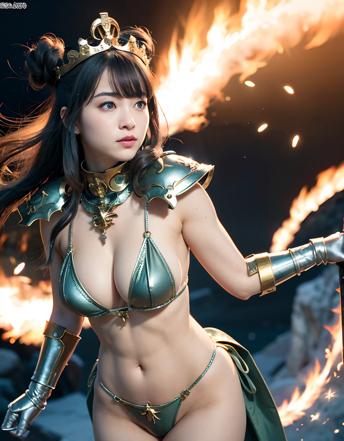 Professional , ​masterpiece、top-quality、photos realistic , 、top-quality、超A high resolution、(Photorealsitic:1.4)、Raw photo、depth of fields （Gemstone Gold Metal Body:1.9),(Matte White、Toostock、cleavage of the breast、（cleavage of the breast）、(((Micro Bikini Armor))),（Detailed Dragon Armor）、（Have the strongest weapon）、（(Random Hairstyles 1.6),Dark Fantasy,）explosions、intense fighting、（Precipitous cliffs),Dragon Gold Weapon,Mystical expression、Particles of light、Fight dragons、（Detailed Dragon Helmet),Gorgeous Silver Weapons ,（（ Dragon's dense and gorgeous sword）） , Beautiful knife   ,warhammer 40k ,Detail and gorgeous crown、（（Blue hair））、（Castle background）、、（（Gangle's forest background））、Beautiful Caucasian beauty、１a person、dynamic ungle,(((With detailed shielding)))、Smaller head、A smile、Castle background、Thin and beautiful female hands、cleavage of the breast、Soldier in iron armor on background、Mystical expression、Light Effects、intense fighting、Wind-effect、magic circles、With the legendary magic wand、（demonic wings）、Toostock、