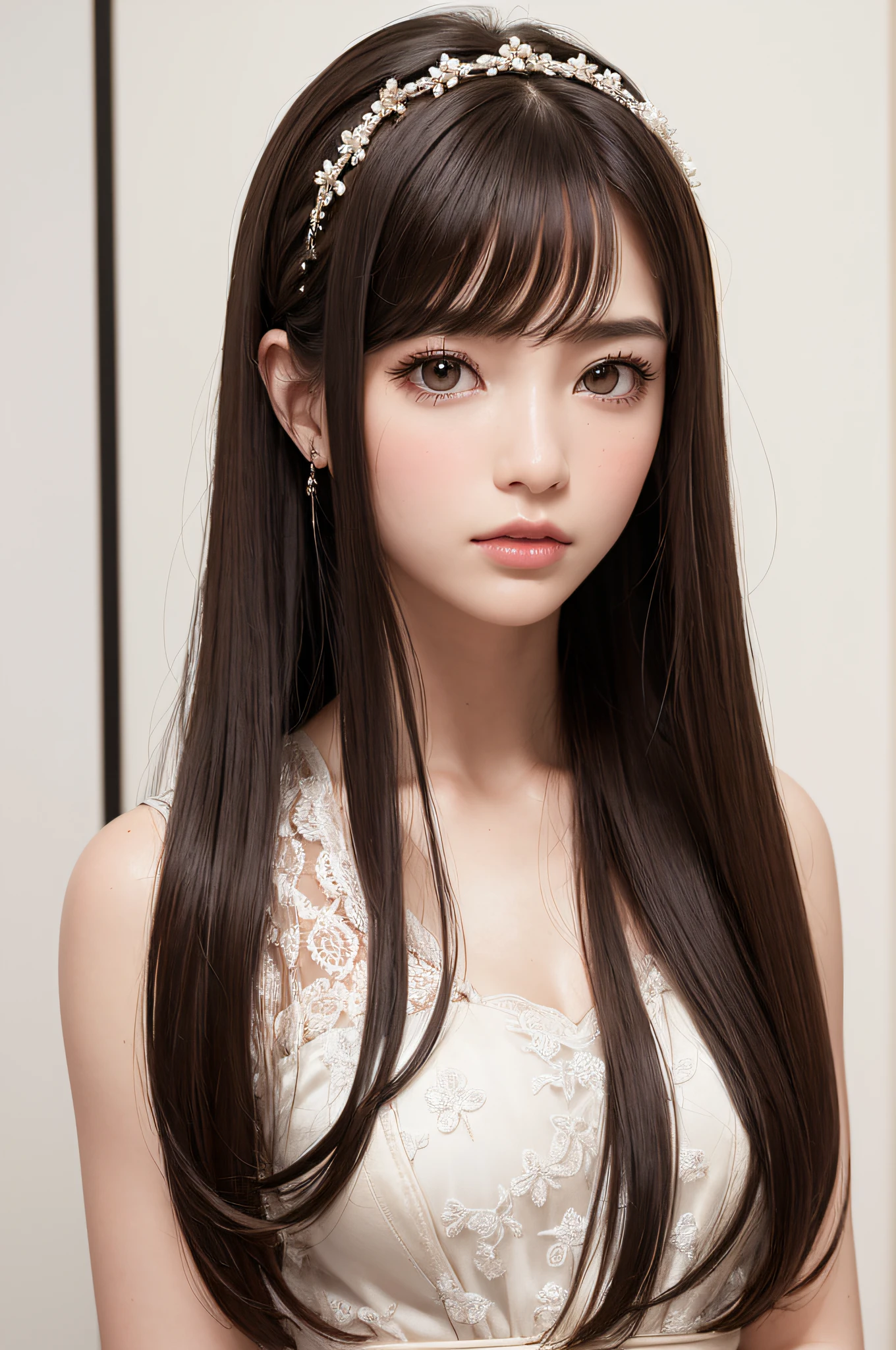 (masutepiece:1.3), High resolution, ultra-detailliert, the Extremely Detailed CG Unity 8K Wallpapers, Realistic, Photorealsitic, Raw photo, beautifull detailed face, pale skin, realistic glistening skin, Detailed Cloth Texture, detailed hair texture, Perfect body, Beautiful face, acurate, Anatomically correct, Highly detailed face and skin texture, Natural neck length, (Fair skin:1.2), thin legs, Thin feet, (Aligned teeth:1.1), Sweaty skin, BREAK, Detailed eyes, symmetrical eye, Light brown eyes, Double eyelids, Thin eyebrows, (Sleepy eyes:1.1), (Glossy lips:1.4), (Mouth waiting for a kiss:1.2), (blush:1.2), (Small hair accessories that sparkle:1.1), BREAK, (classy girl:1.3), (Wearing (doress:1.2) With a white floral pattern), BREAK, ((Close Up Shot:1.2)), medium breasts, Slender figure, Firm abs, ((up do hairstyle, Dark blonde hair, Wavy Hair, Long hair:1.1)), ((asymmetric bangs:1.2)),