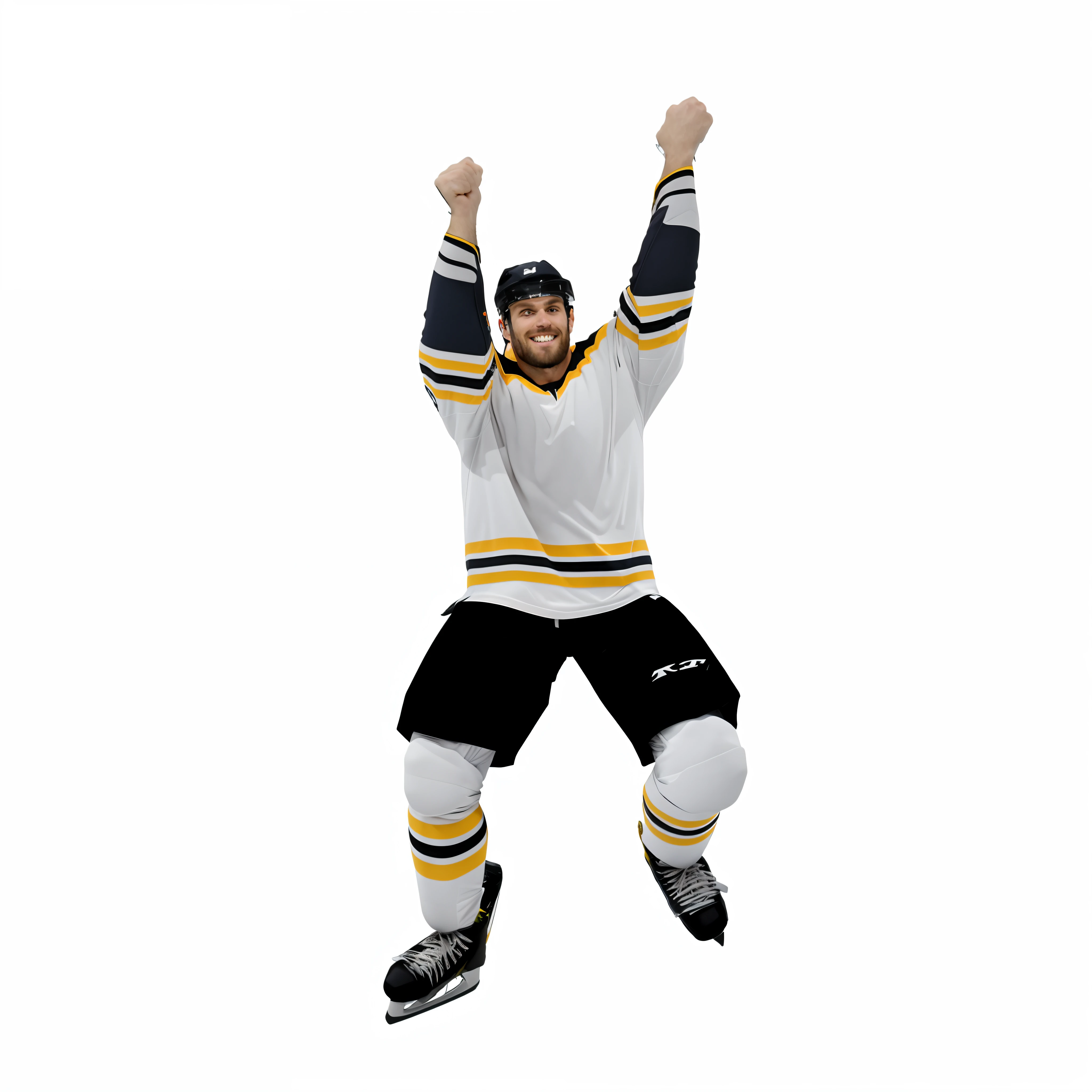arafed hockey player with arms raised in celebration on white background, celebrate goal, triumphant pose, pose(arms up + happy), unbiased render, sid, in game capture 3d render, 1 figure only, “hockey team logo, matt wisniewski, nhl, 3 d render of jerma 9 8 5, with arms up, isolated on white background