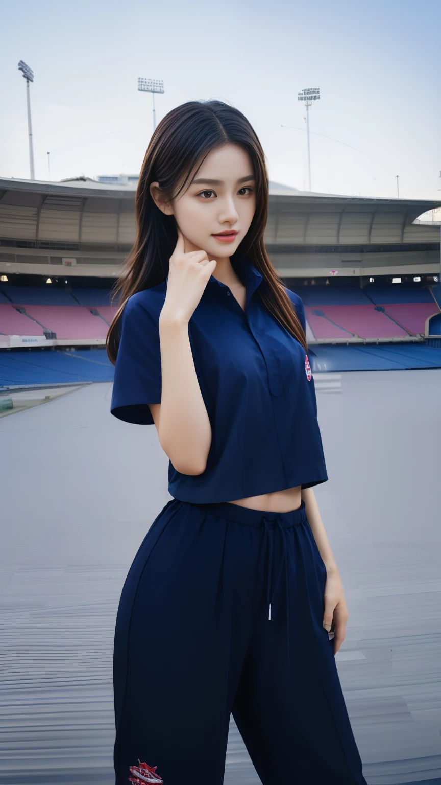 (bestquality,10,10,highres,masterpiece:1.2),ultra-detail,(Realistic,photorealistic portrait,photo-realistic:1.37),1 Cute girl in the football field,oily shiny skin,bara,light smile,BDclothes,((blue shirt:1.3)),short sleeves,shirt, trousers.,(navy_long_Pants Track:1.1), ((Stadium Background:1.3)),dynamic angle,excited,face focus,Dynamic Poses,from behide,Ass Focus,masterpiece, bestquality, ultra realistic, hyper-detail, 8k resolution, RAW photo, crisp focus, ((Navy blue shirt:1.1)), short sleeves, Long Path, Perfect body, 2 mature women, 18yo, cinematic light,Blue sweatpants,Gymware,Correct anatomy,Complete body, Correct body, sharp face, Anatomically correct body, full entire body, Realistic gestures, long-haired, Realistic poses,Wear long shorts......,Long leg span,Shapely,Mold 2 girls, Slender Figure, mannequin mannequins, Shapely, Beautiful body