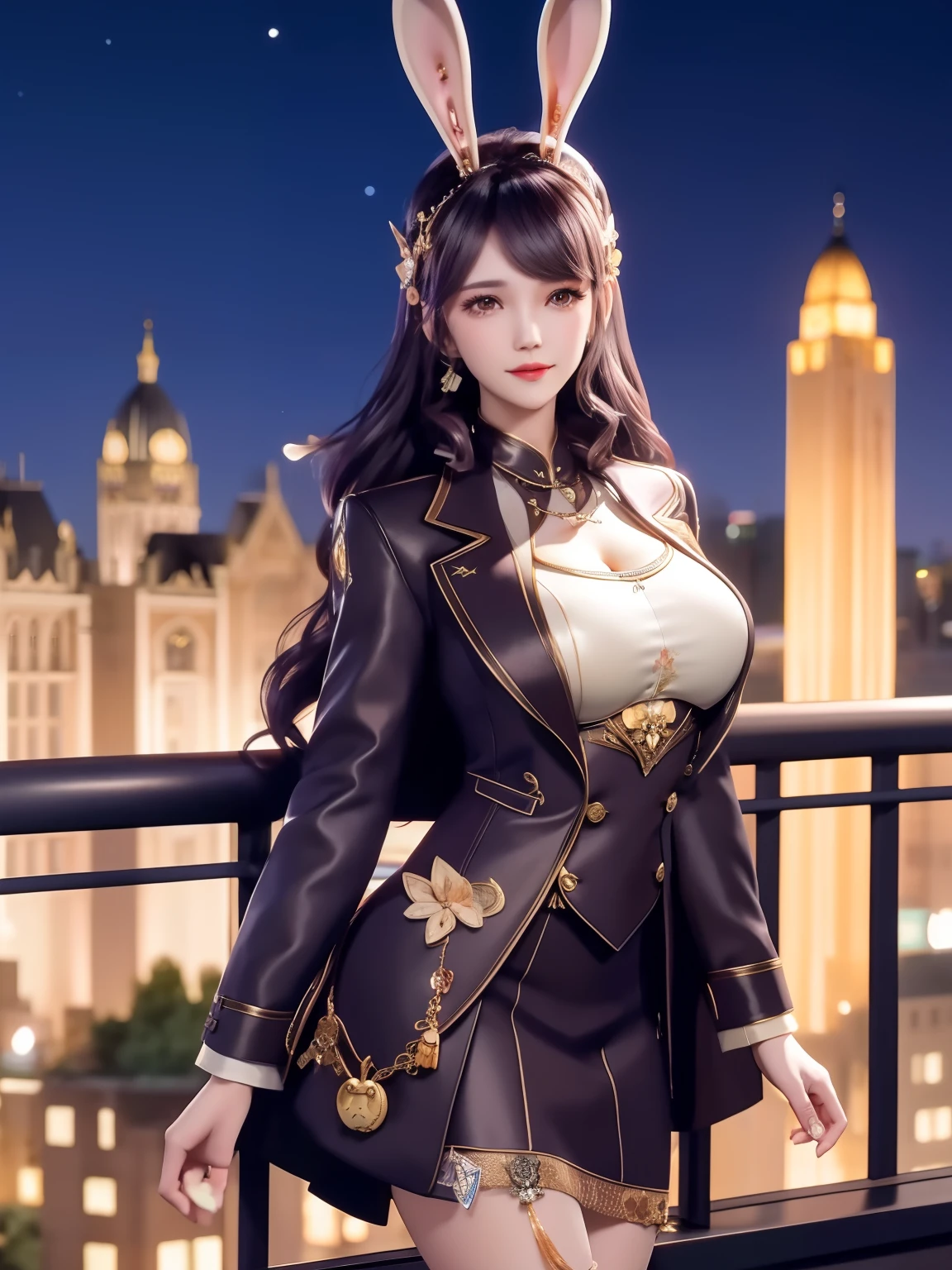 1girl, mature female, looking at viewer, cityscape, night,fake animal ears, rabbit ears, jacket, shirt,skirt,hair ornament,