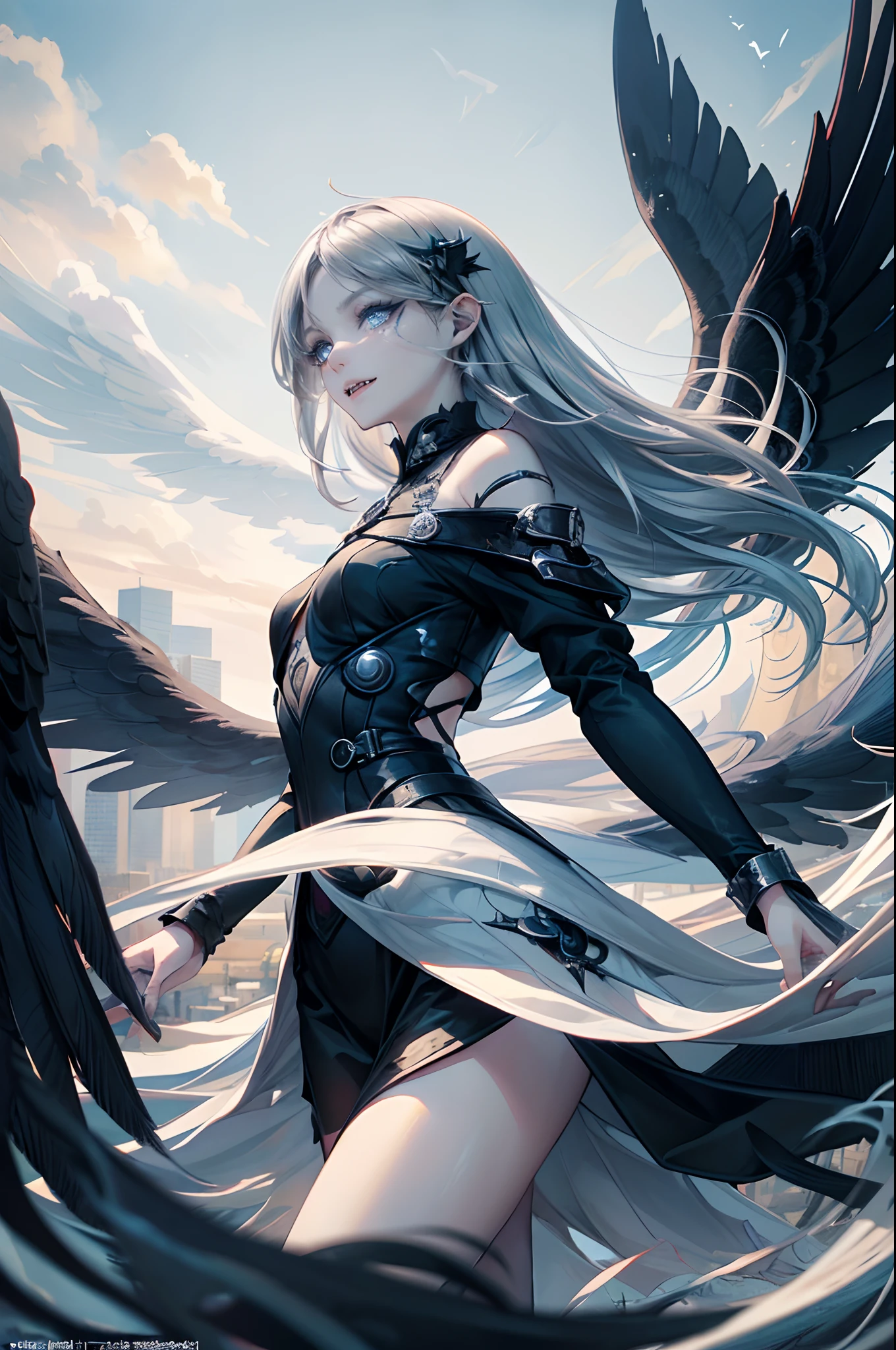 ((4K works))、​masterpiece、（top-quality)、((high-level image quality))、((one beautiful women))、Slim body、((Black Y Shirt Fashion))、(Detailed beautiful eyes)、Crow on fantastic city background、Walking in a crowded city、((Face similar to Chaewon in Ruseraphim))、((shoulder-length hair))、((bright silver hair))、((Smaller face))、((Neutral face))、((Light blue eyes))、((Korean Women))、((18year old))、((Wild Lady))、((Wild look))、((Show your fangs and laugh))、((Korean makeup with black eyeshadow))、((elongated and sharp eyes))、((Shot alone))、((Fallen Angel))、((Fallen Angel Woman))、Photos of fallen angels、Villain、((amazing photo))、Photographed so that the whole body can be seen、horor、((There is a crow on the right shoulder))、Dark Proof、((Shot diagonally from the side))、Professional Photos