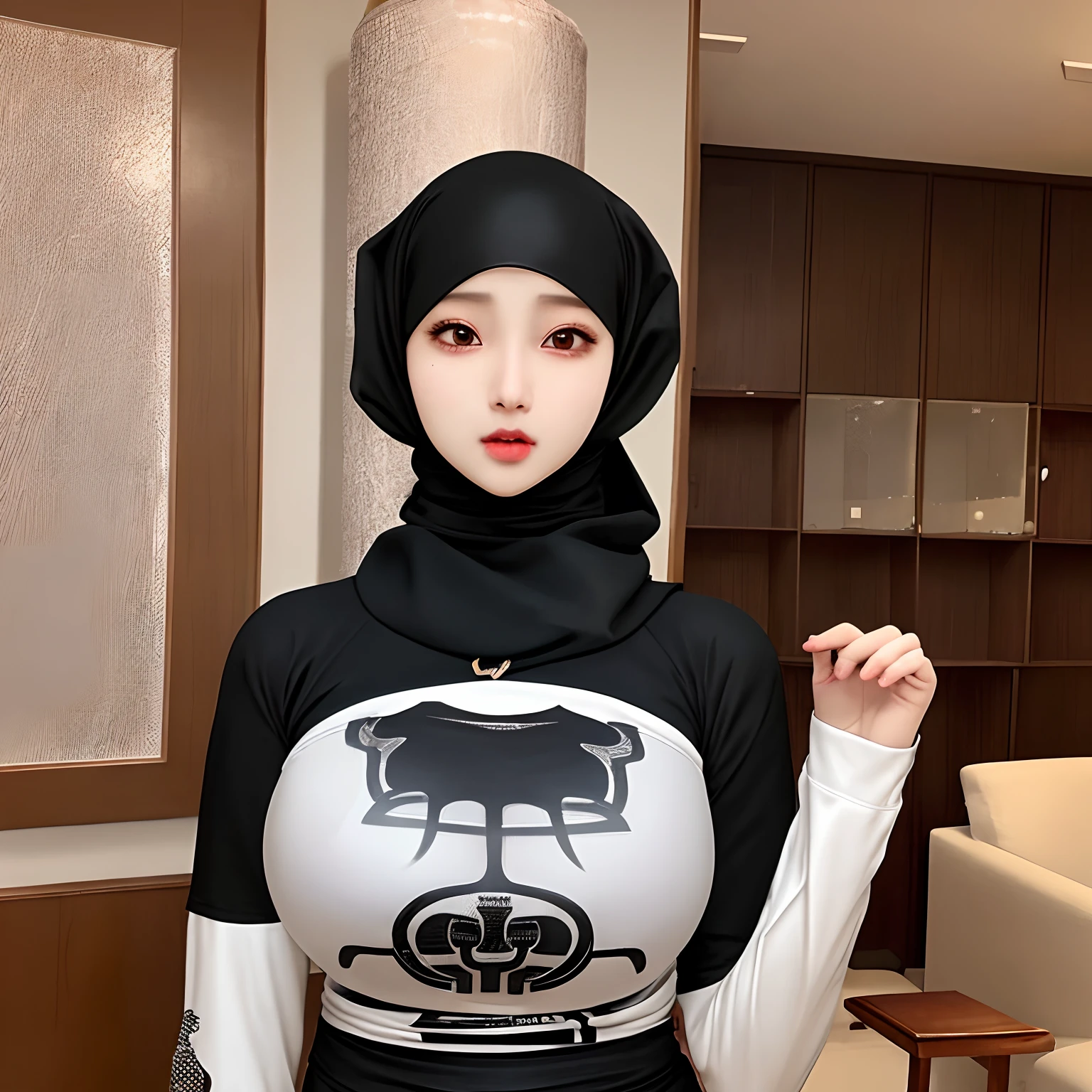 Hijab,realistic,kpop idol,1hijabgirl,korean girl,sexy,beautiful,he tall,super big breast,(W cup),super big angry very detailed face,tight t-shirt,hijab,and long tight pants outfit,in Livingroom,standing pose hijab girl,both hands crossed in front of the chest