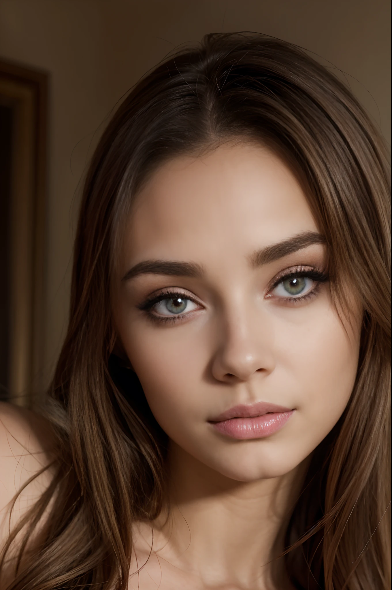 Arafed woman completely , fille sexy aux yeux bruns, ultra realist, Meticulously detailed, Portrait Sophie Mudd, cheveux bruns et grands yeux, selfie of a young woman, Dubai Eyes, Violet Myers, sans maquillage, maquillage naturel, looking straight at camera, Visage avec Artgram, Maquillage subtil, Great photo of the whole body kneeling on the bed, dans la chambre, Medium to large bust, full body