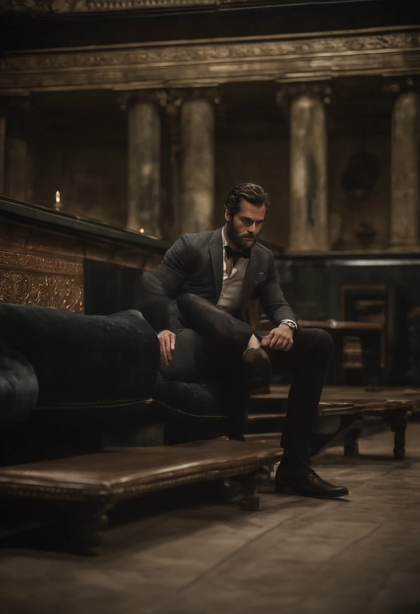Henry cavill pelado sentado em um banco,with legs spread showing thick and veiny . Olhando para um espelho gigante