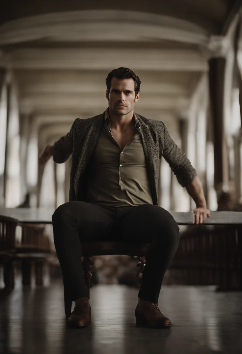 Henry cavill pelado sentado em um banco,with legs spread showing thick and veiny . Olhando para um espelho gigante