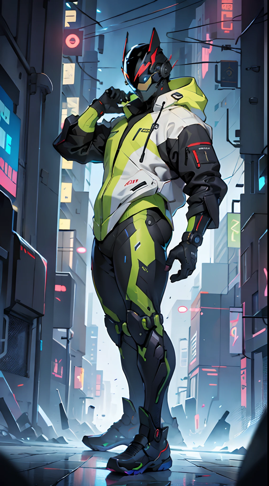 a person in a cyber helmet, business suit, city, cool colors, focus on the character, full body shot, dynamic shot, wide shot, fantastic, masterpiece, high quality, semi realism