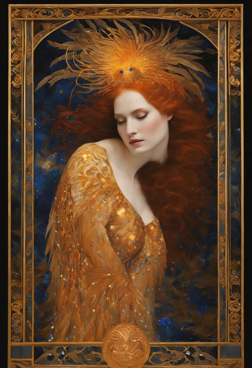 Burning feathers,Phoenix rebirth,Elegant and majestic,Fantasy,Gustav Klimt,A majestic creature,Rim light