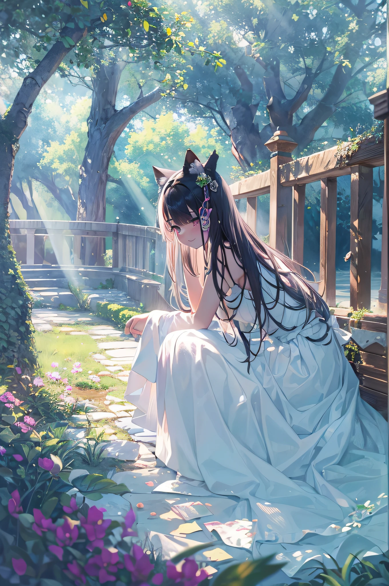 black hair, hair bobbles, wince, longeyelashes, solid circle eyes, fake animal ears, light smile, ear blush, fang, Surrealism, drop shadow, anaglyph, stereogram, tachi-e, pov, atmospheric perspective, Monet, Monet, 8k, super detail, ccurate, best quality, highres, Ccurate in a small, quiet park，A young woman is sitting on a bench reading a book。She wore a light blue dress，Long hair casually draped over the shoulders。The sun shines on her through the gaps between the leaves，Make her look more beautiful and moving。