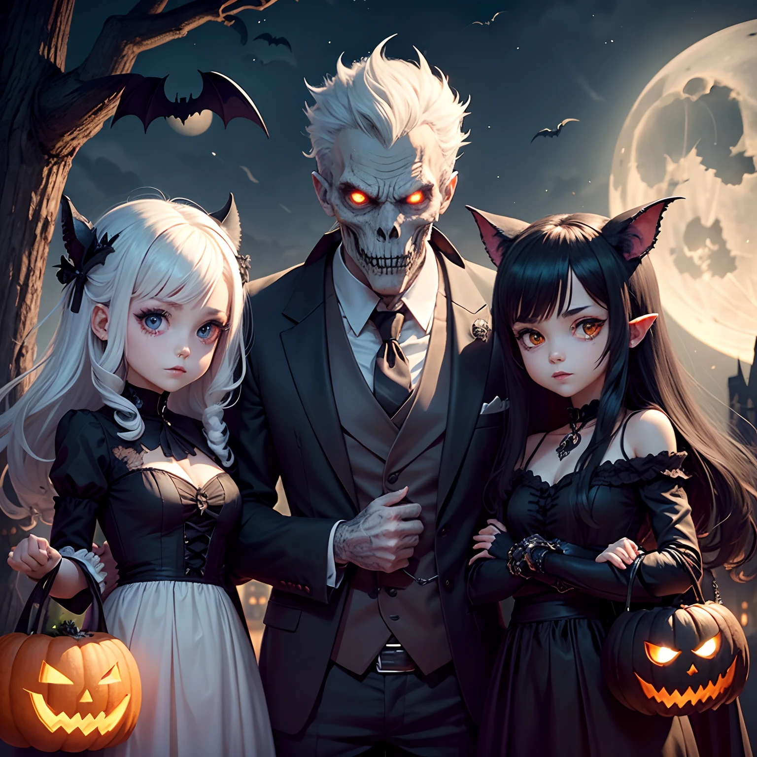 group shot,leetspeak monsters,skull man,vampire,Wolf Man,Frankenstein,night,moonlight,deforume,sd,chibi,male focus,Halloween,Halloween night,bat,deadtree,4people