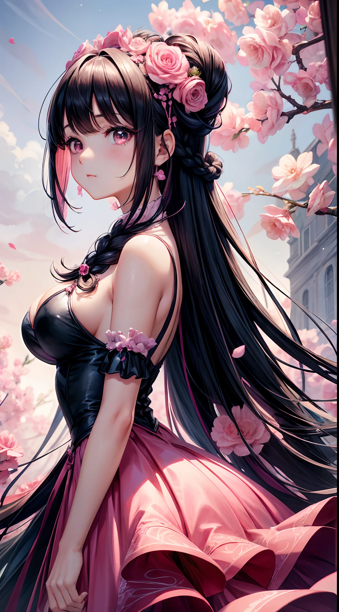 girl，Pink pop dress，black color hair，Long double braid，florals，pink back ground，big breasts beautiful，Delicate details，Hyper-Resolution，accuracy，detail render，（highest  quality）（Master masterpieces）（High degree of completion）（a sense of atmosphere）tmasterpiece，ultra - detailed（half-body portrait）