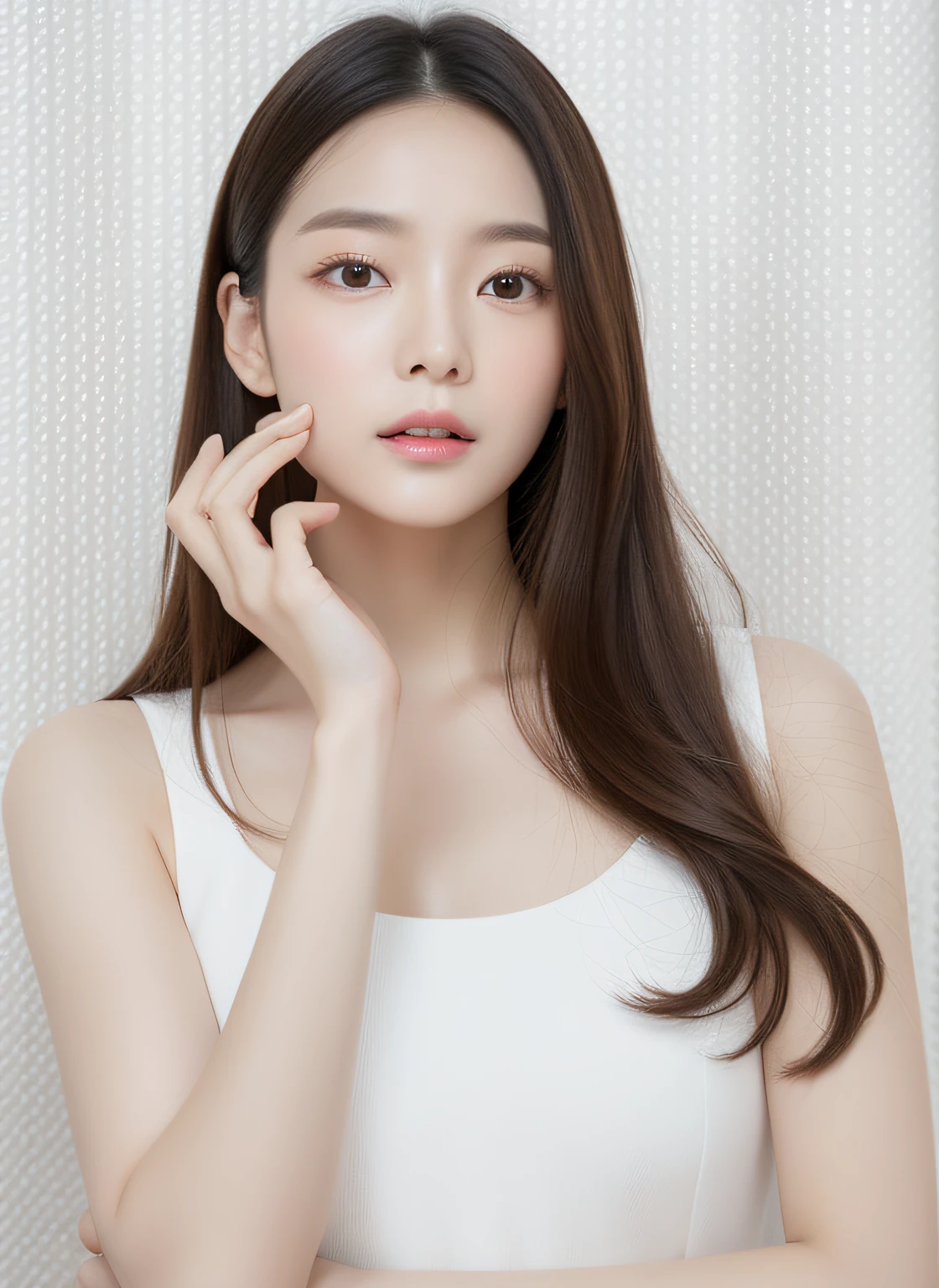 Realistic photo of 1 cute Korean star, Medium hair, Meticulous hair, White skin, thin makeup,,wearing white outfit, Close-up portrait, hyper HD,frontage,Forehead exposed,Full forehead,Don't obscure the character,Model the face,with light glowing,Face the camera head-on,,Youth and beauty,Do not cover your body,The upper part of the body,pale robe,White dress,