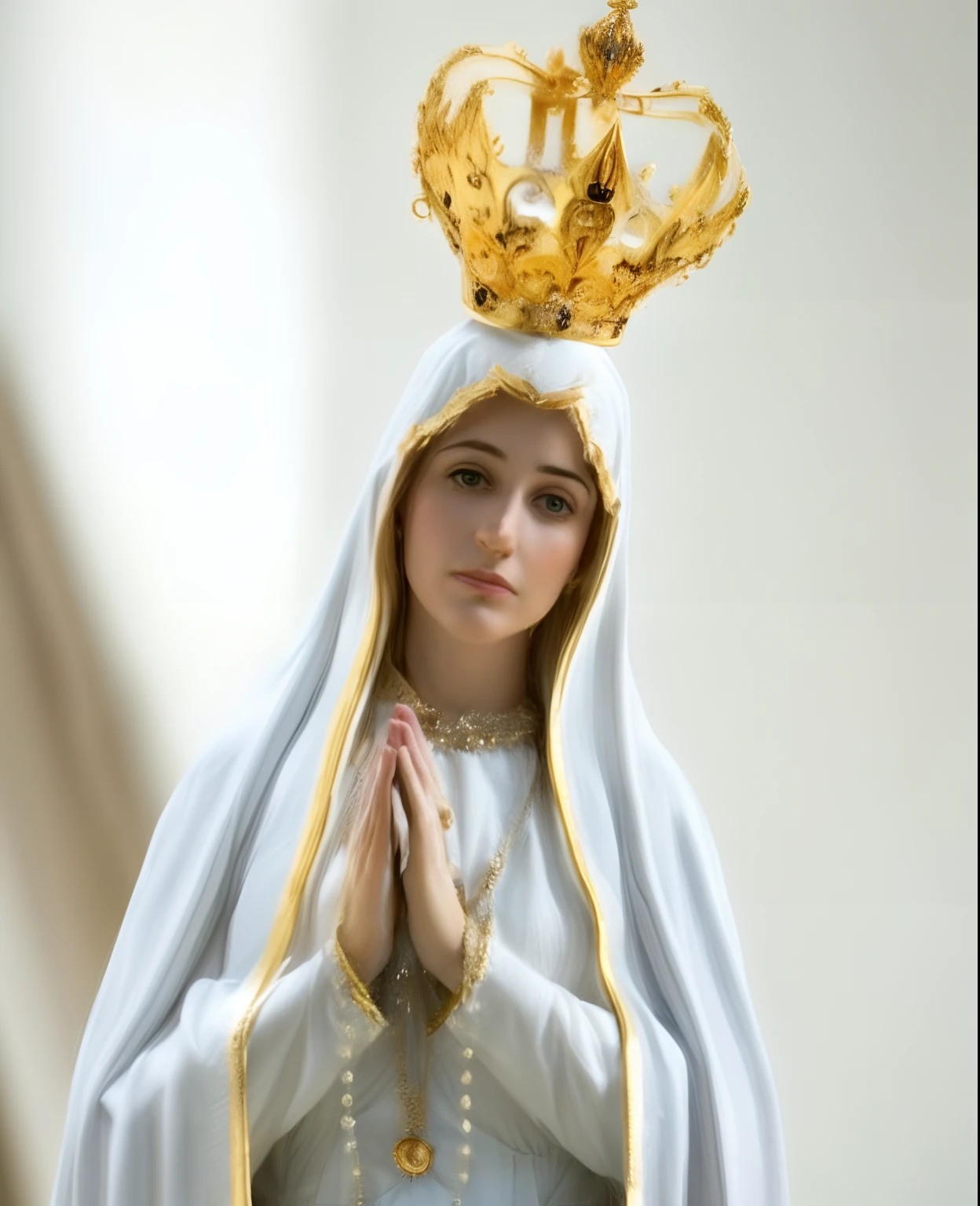 A closeup of a statue of a woman with a crown on her head, queen of heaven, Virgem Maria, santo e belo, mary in a sanctuary, majestosa mulher de santo, Aura Santa, Holy, Catholic, Retrato da Virgem Maria, Beautiful image, padroeiro do 🛸🌈👩🏾, Iconografia religiosa, imaculado, 8k)), imagens sagradas